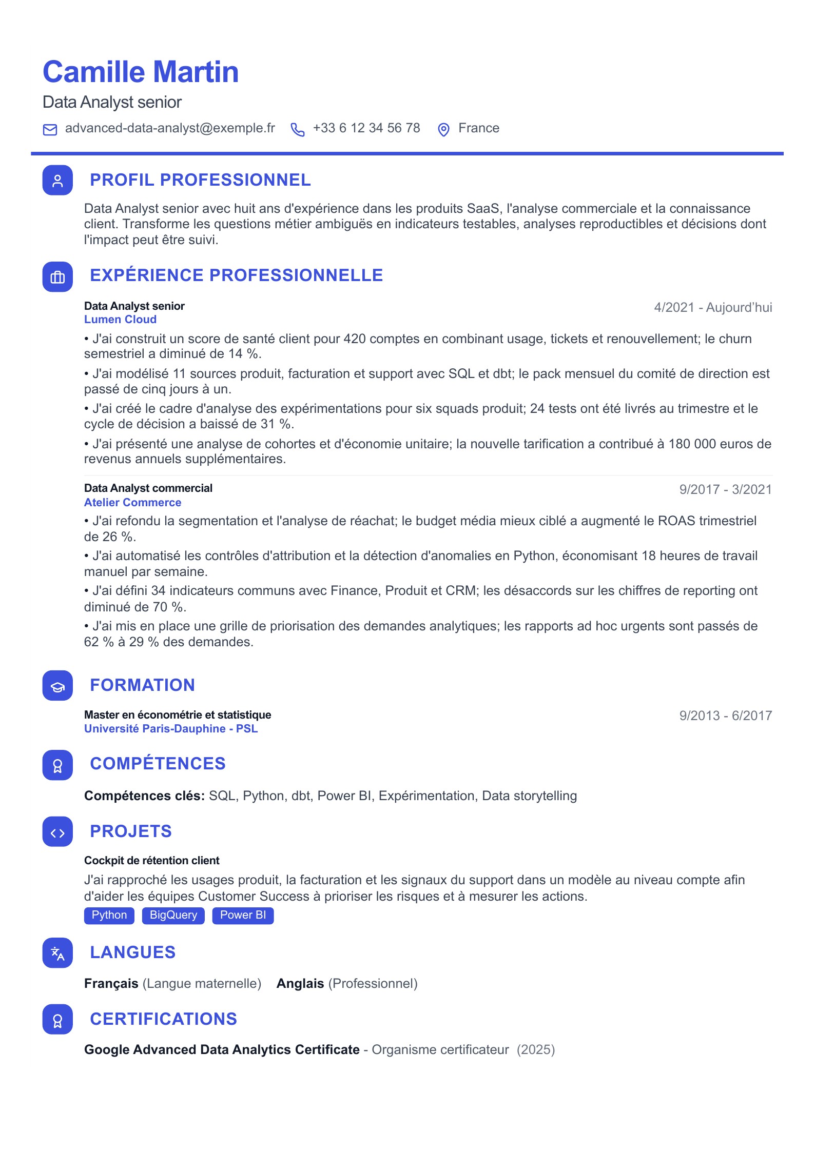 Aperçu de Exemples français de CV Data Analyst avec téléchargement PDF et guide