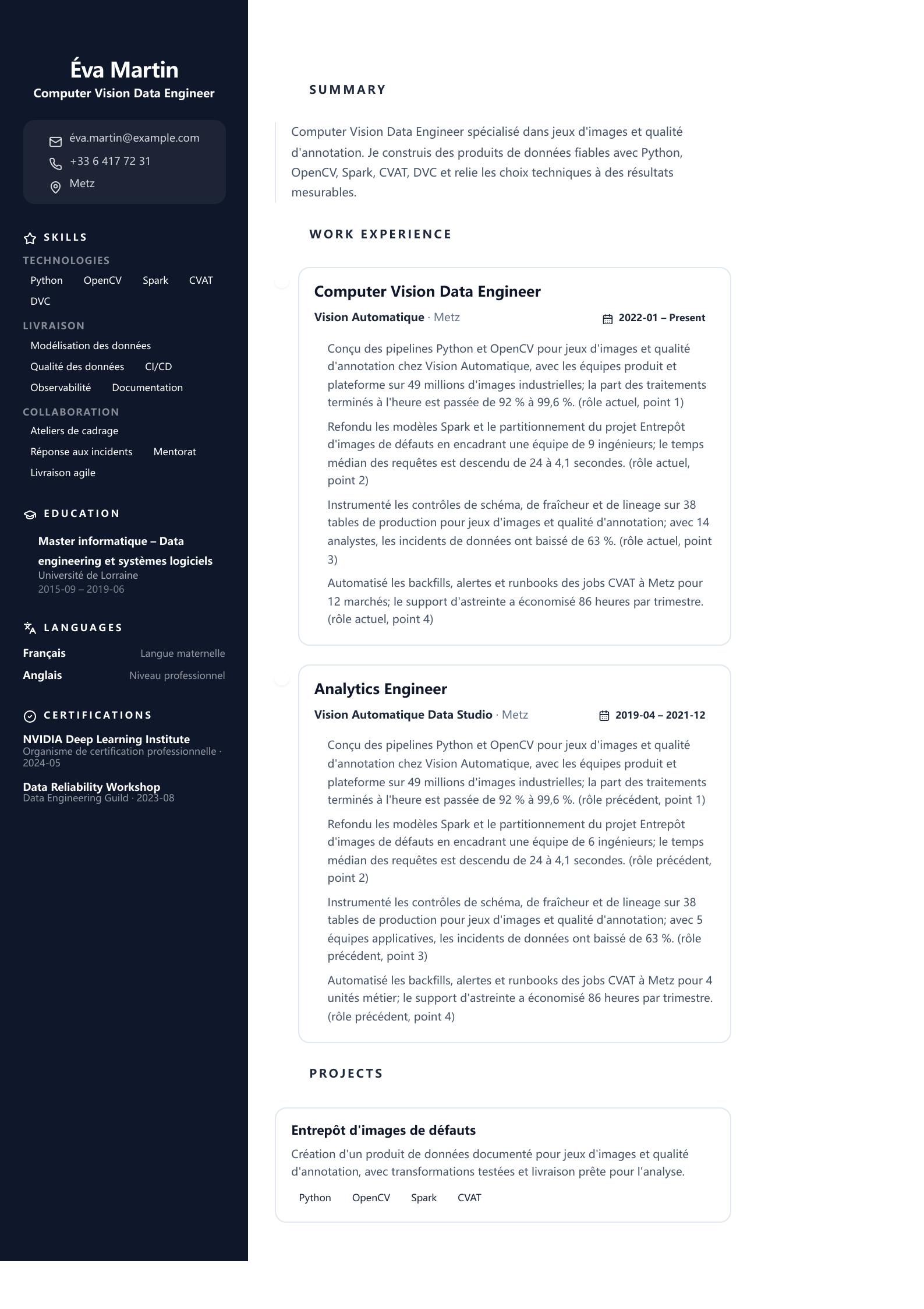 Exemple de CV Computer Vision Data Engineer aperçu
