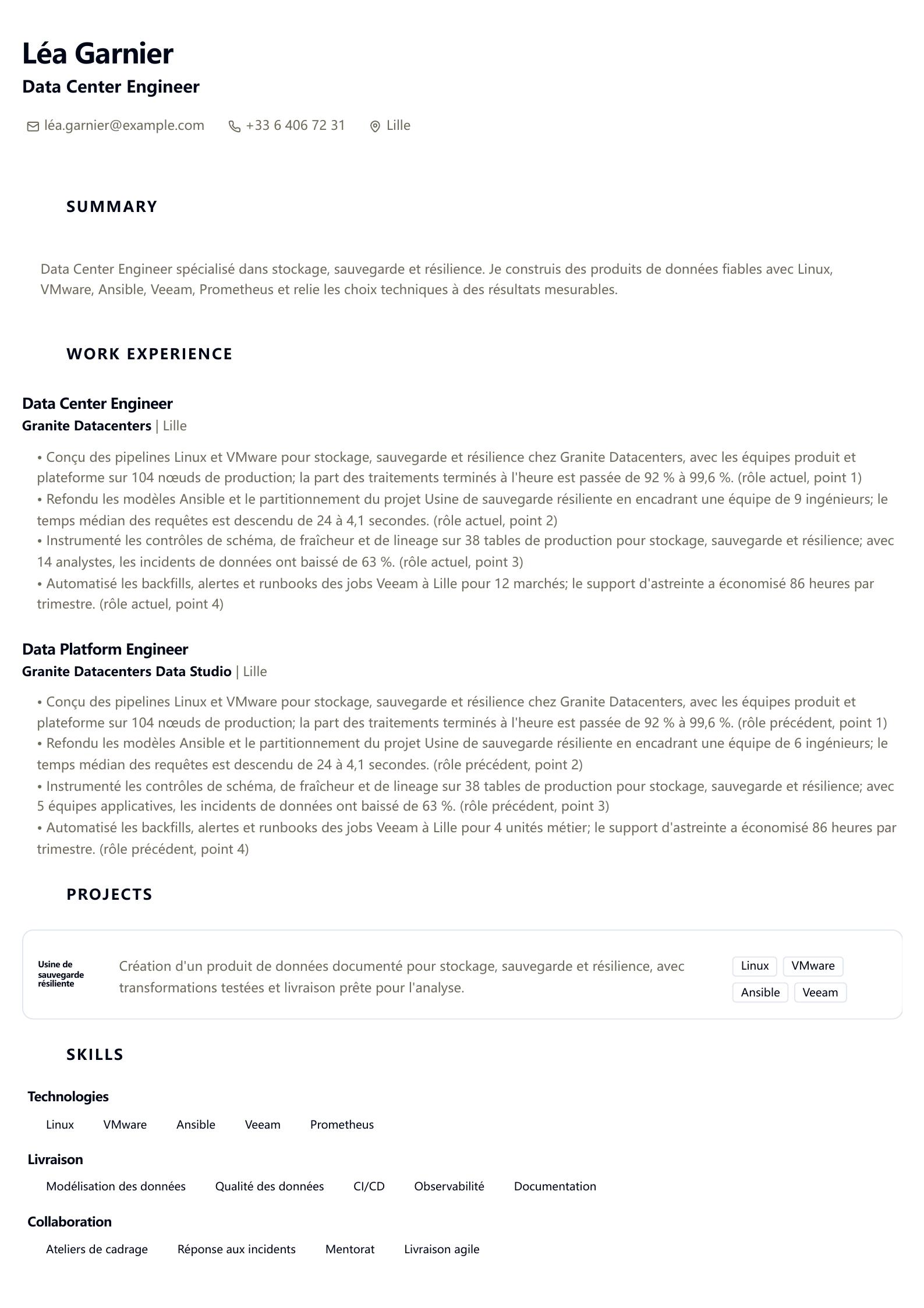 Exemple de CV Data Center Engineer aperçu