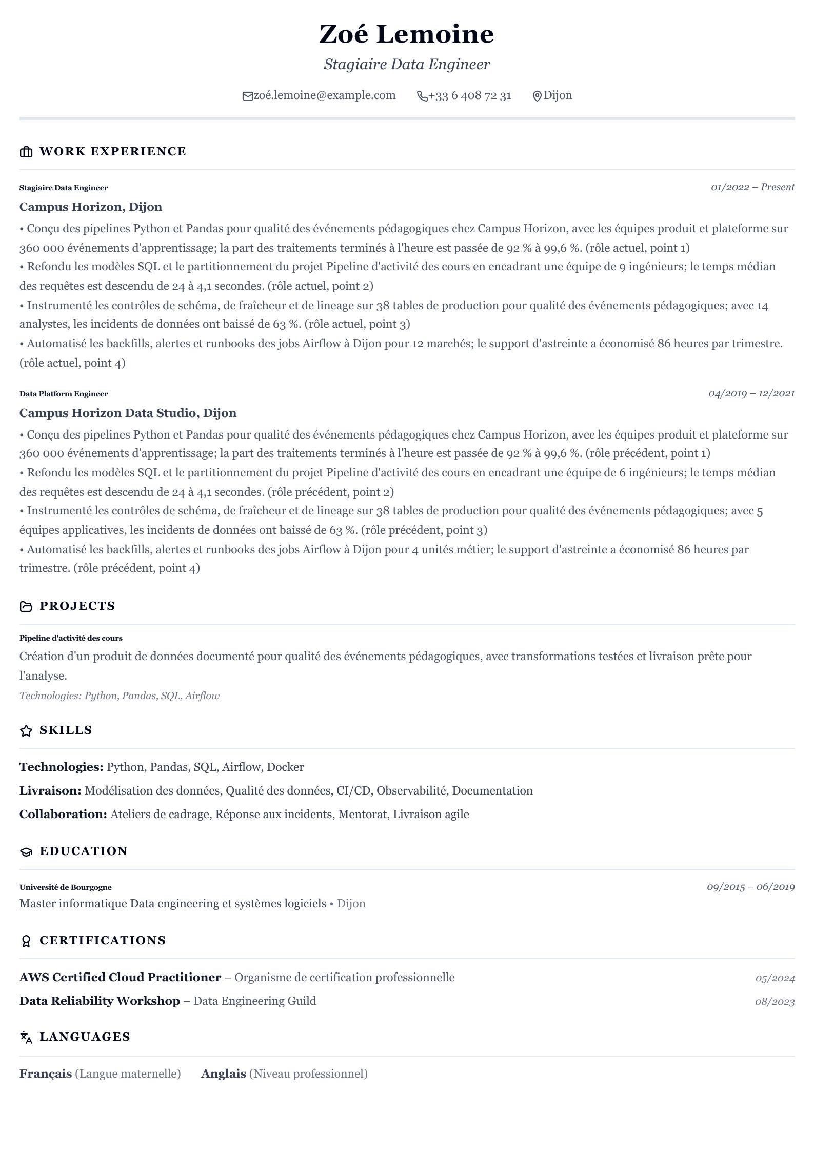 Exemple de CV stagiaire Data Engineer aperçu