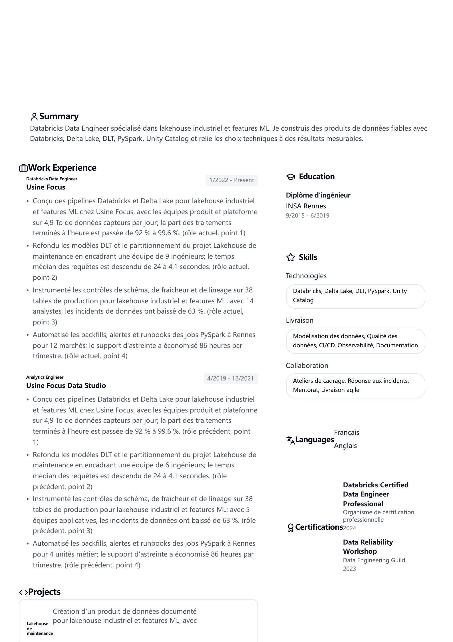 Exemple de CV Databricks Data Engineer aperçu
