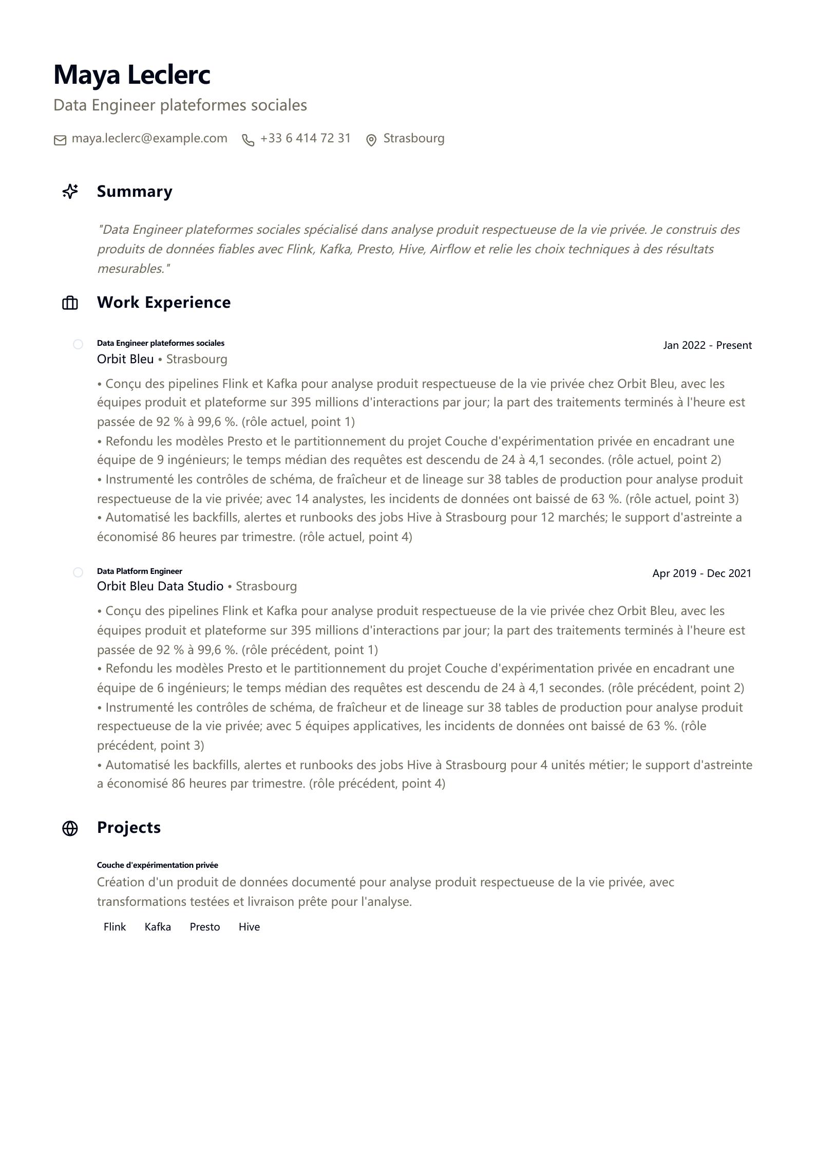 Exemple de CV Data Engineer plateforme sociale aperçu