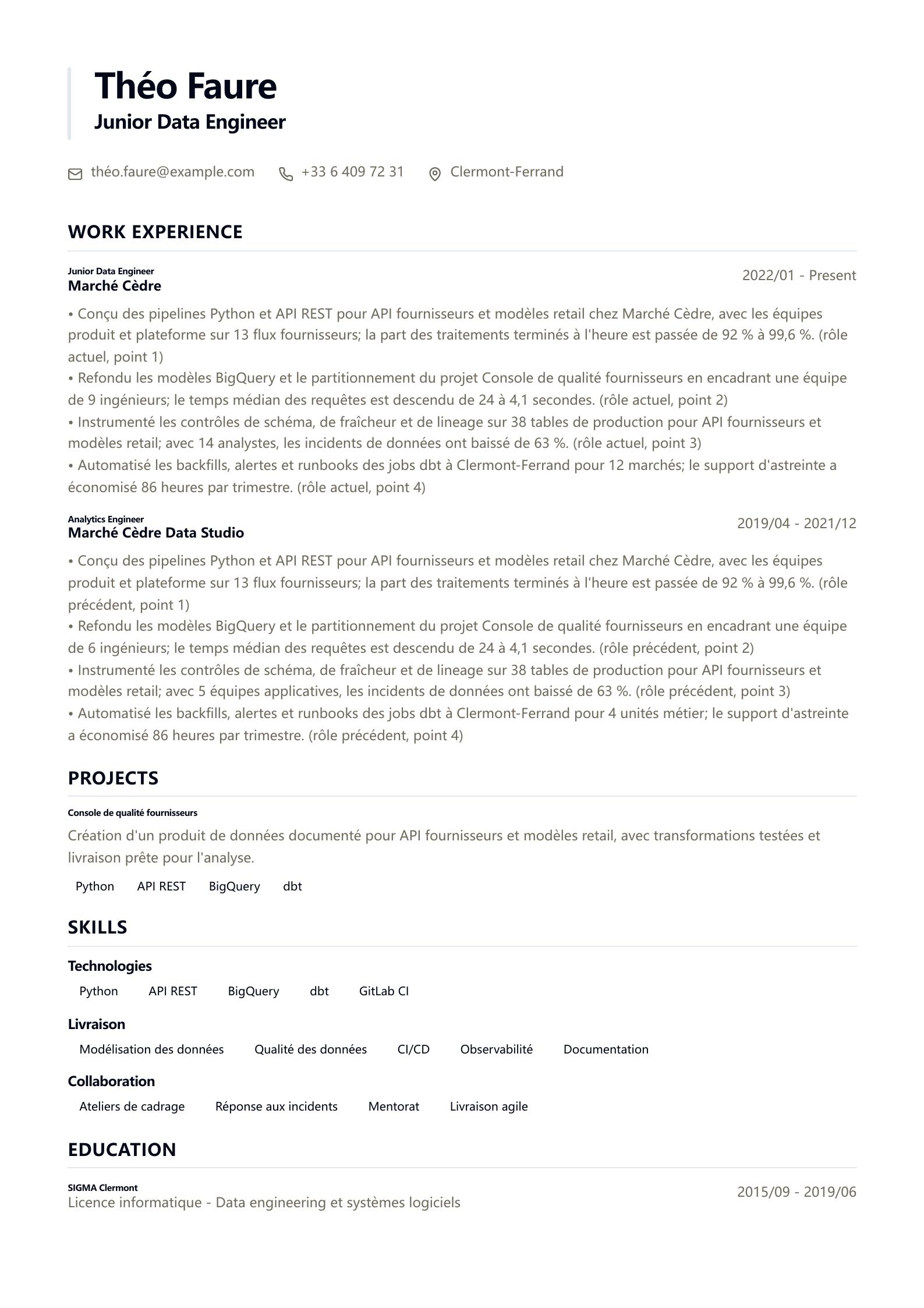 Exemple de CV Junior Data Engineer aperçu