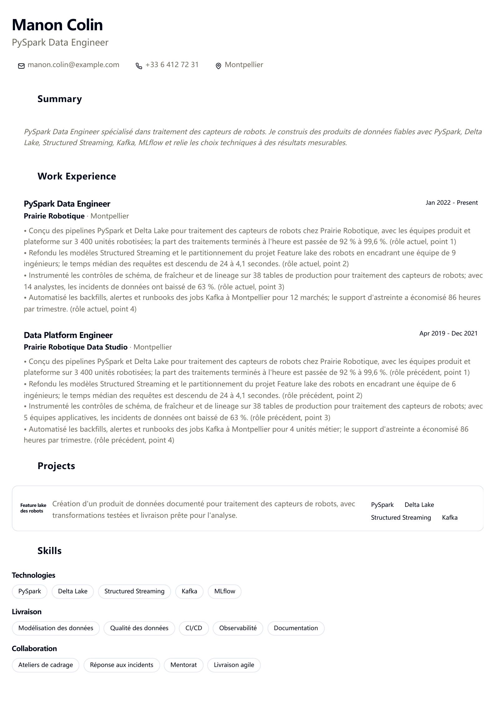 Exemple de CV PySpark Data Engineer aperçu