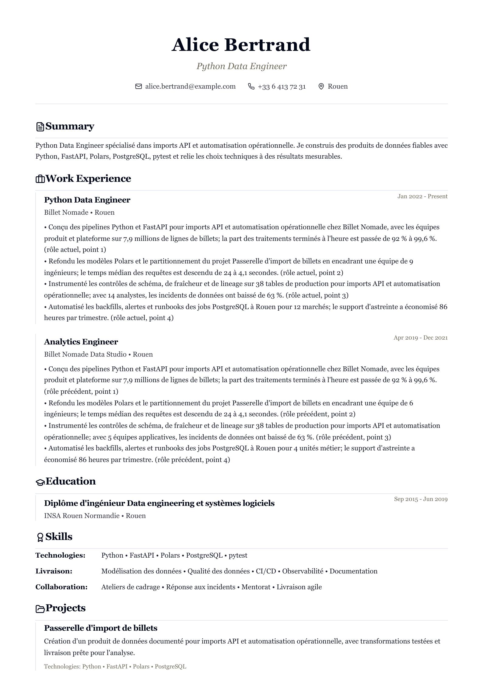 Exemple de CV Python Data Engineer aperçu