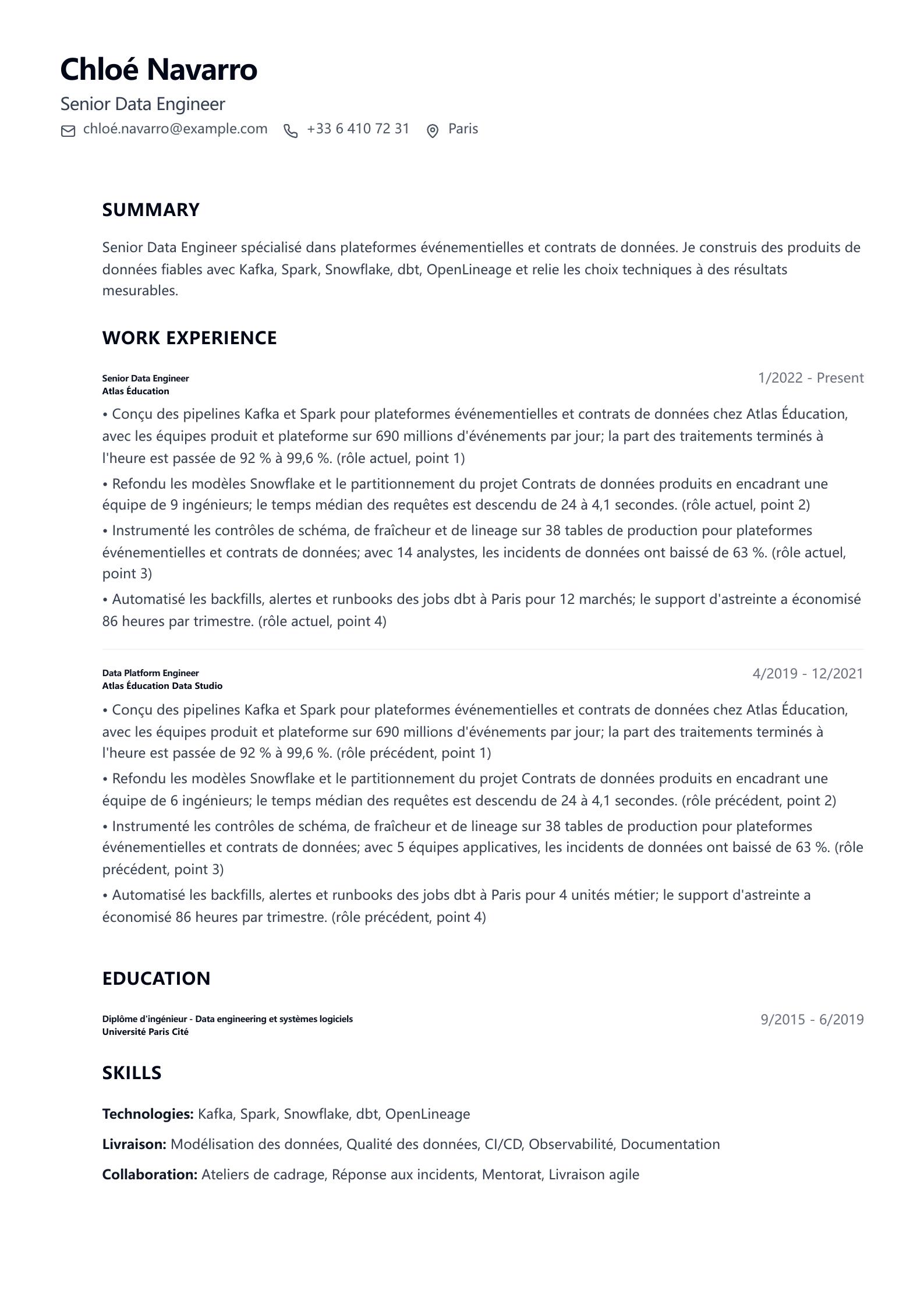 Exemple de CV Senior Data Engineer aperçu