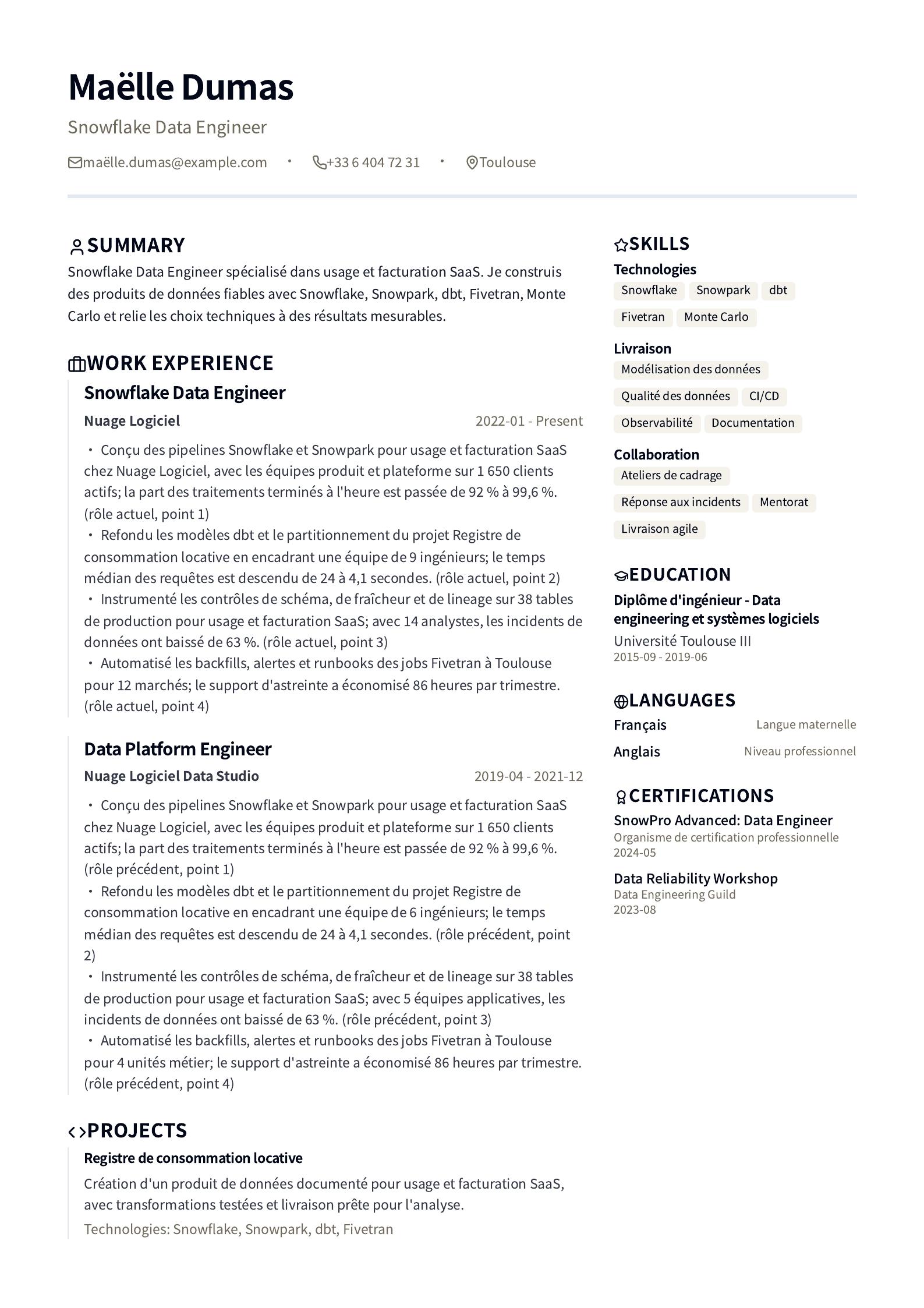 Exemple de CV Snowflake Data Engineer aperçu