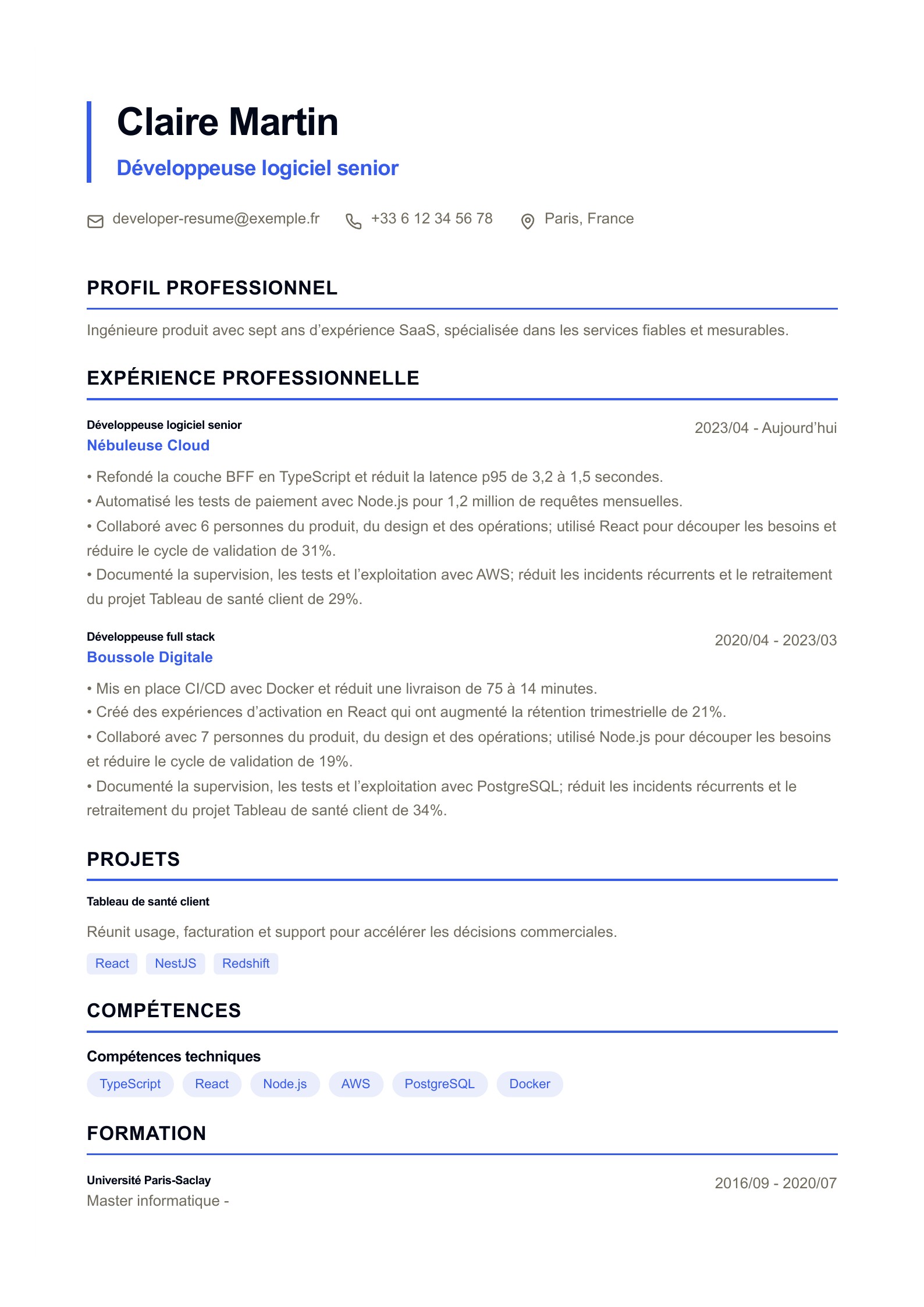 Aperçu de CV d’ingénierie logicielle avec PDF et édition en ligne