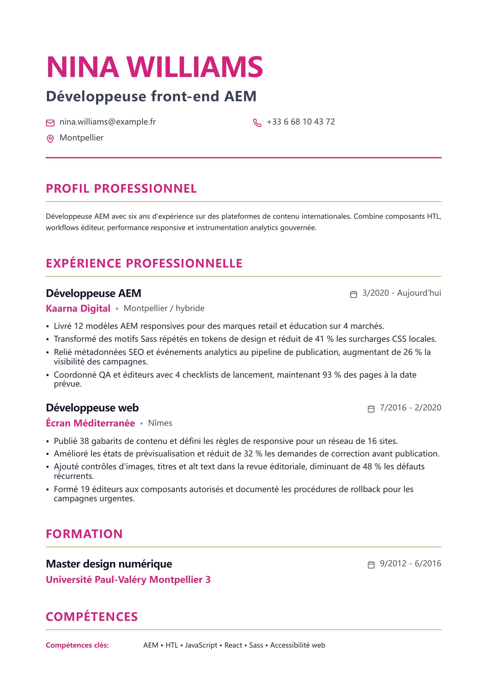 Aperçu de Exemples de CV de développeur front-end avec téléchargement PDF gratuit
