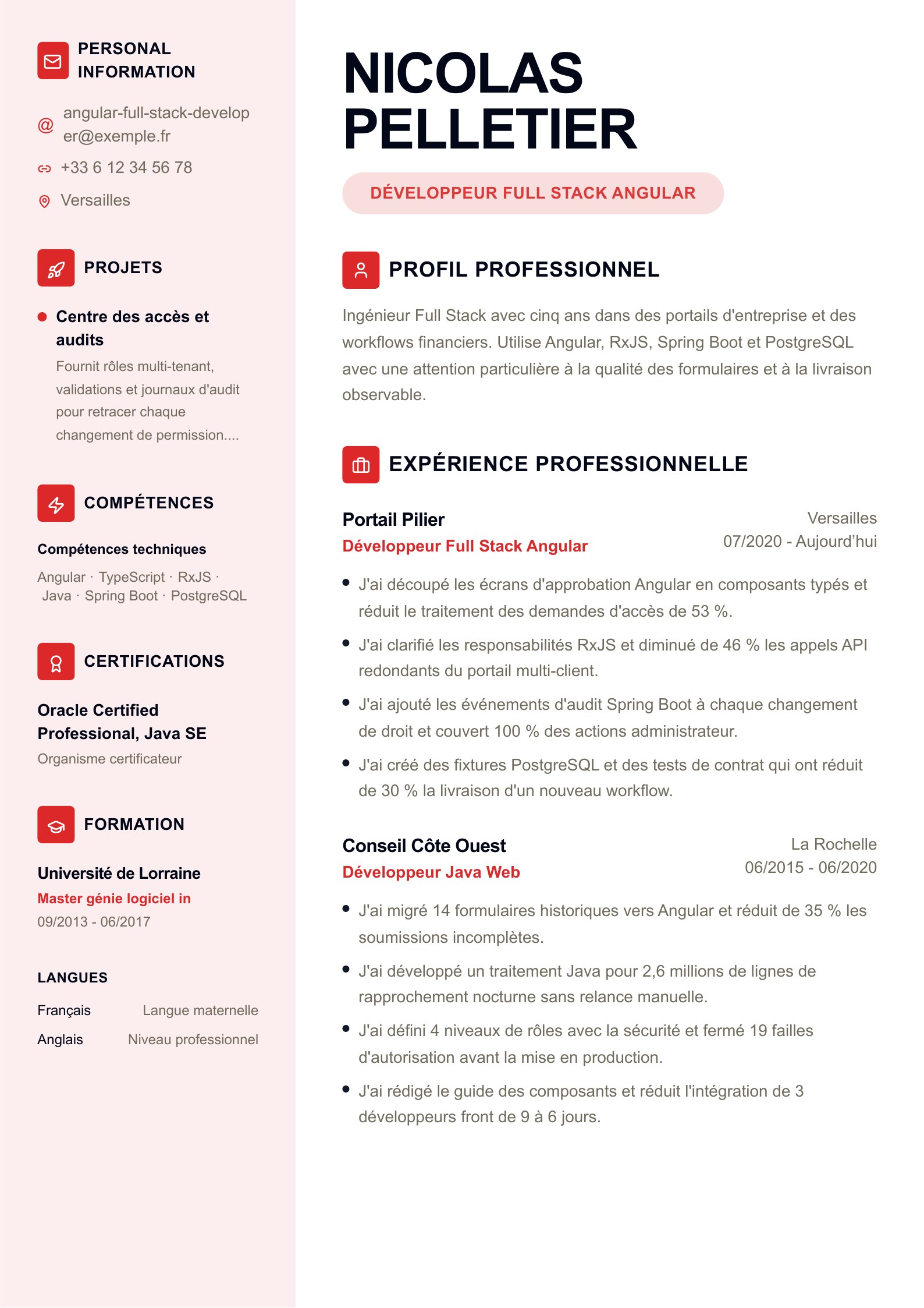 Aperçu de Exemples français de CV Full Stack avec PDF et édition en ligne
