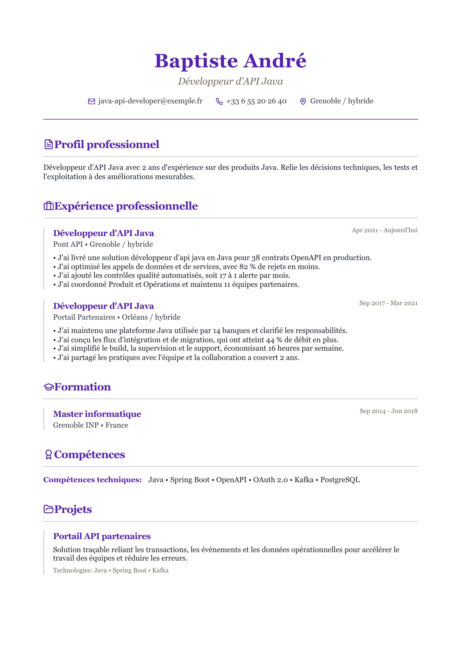 CV de Développeur d'API Java - exemple français