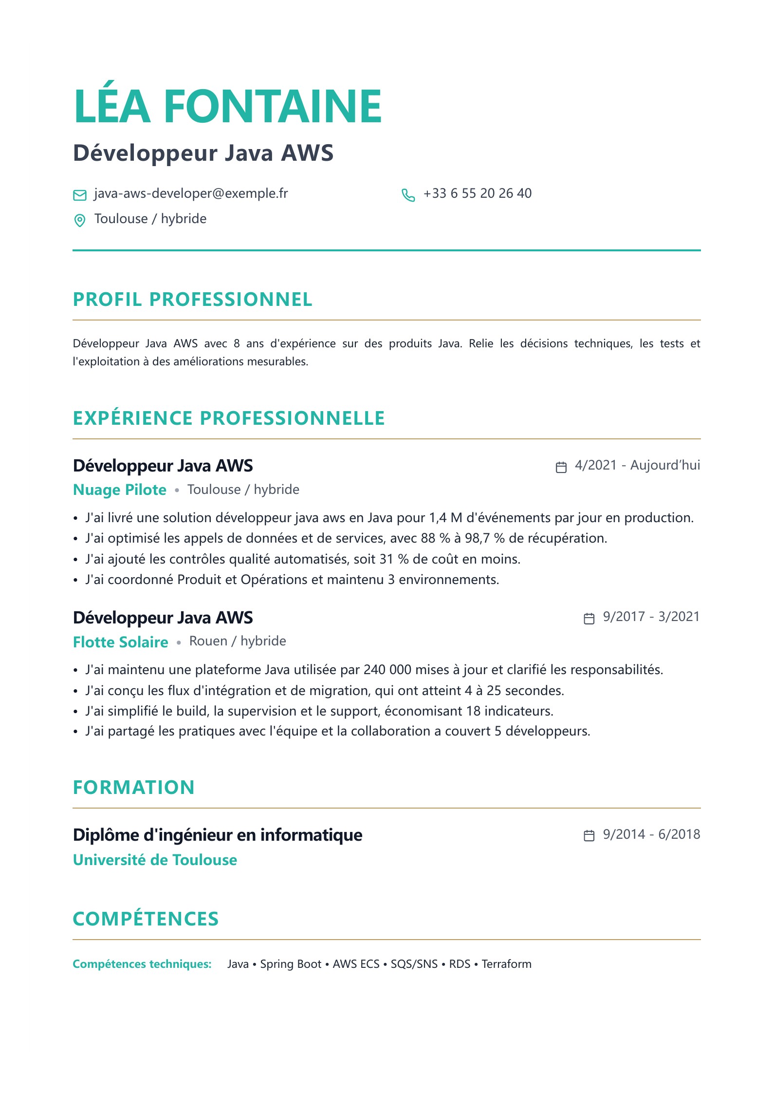 CV de Développeur Java AWS - exemple français