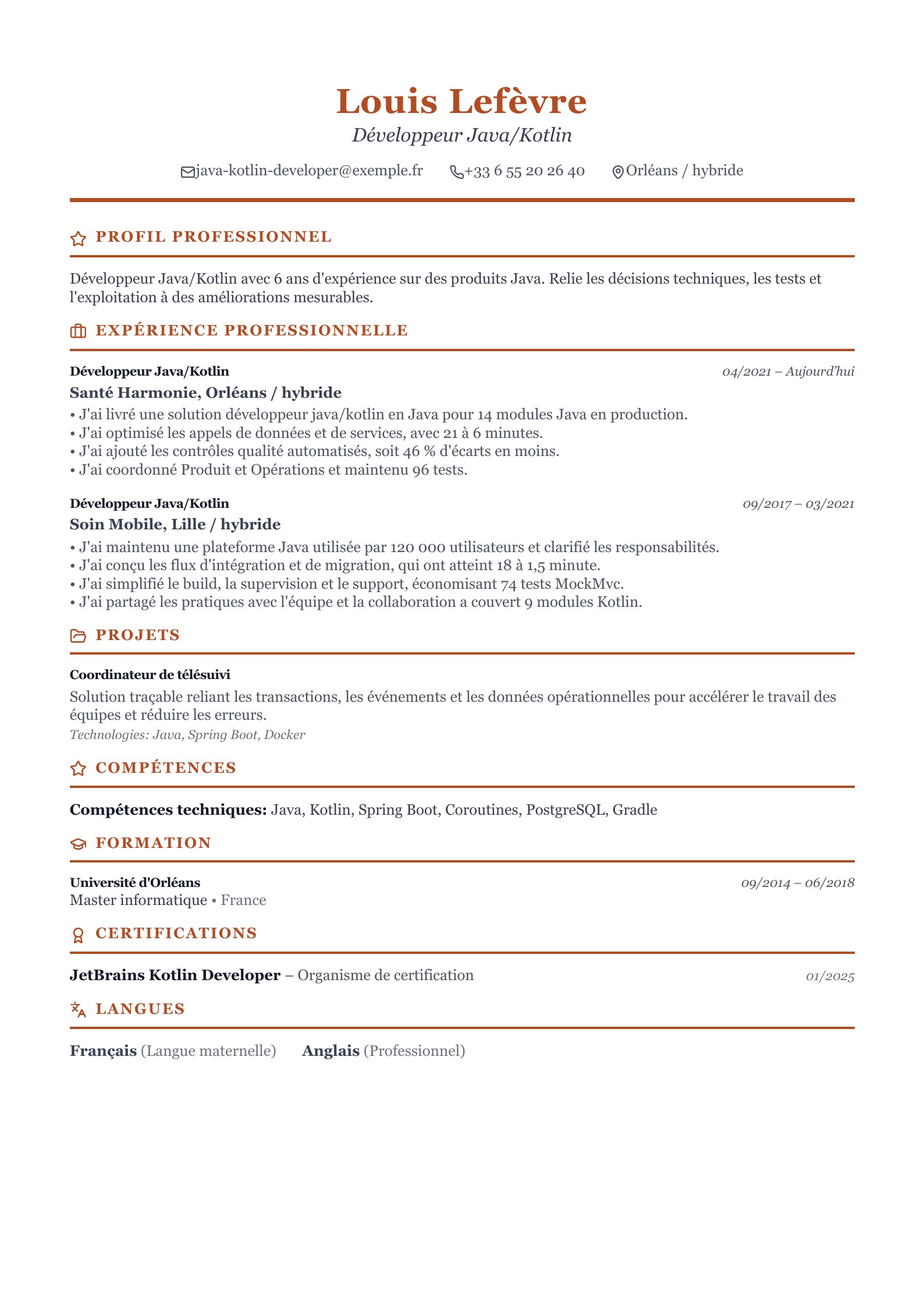 CV de Développeur Java/Kotlin - exemple français