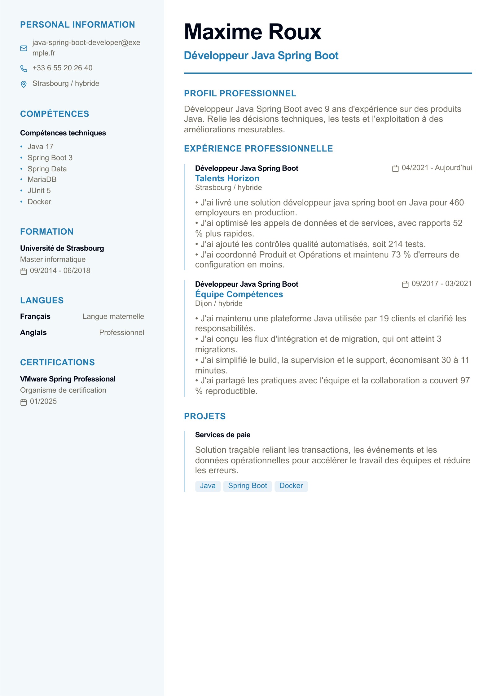 CV de Développeur Java Spring Boot - exemple français