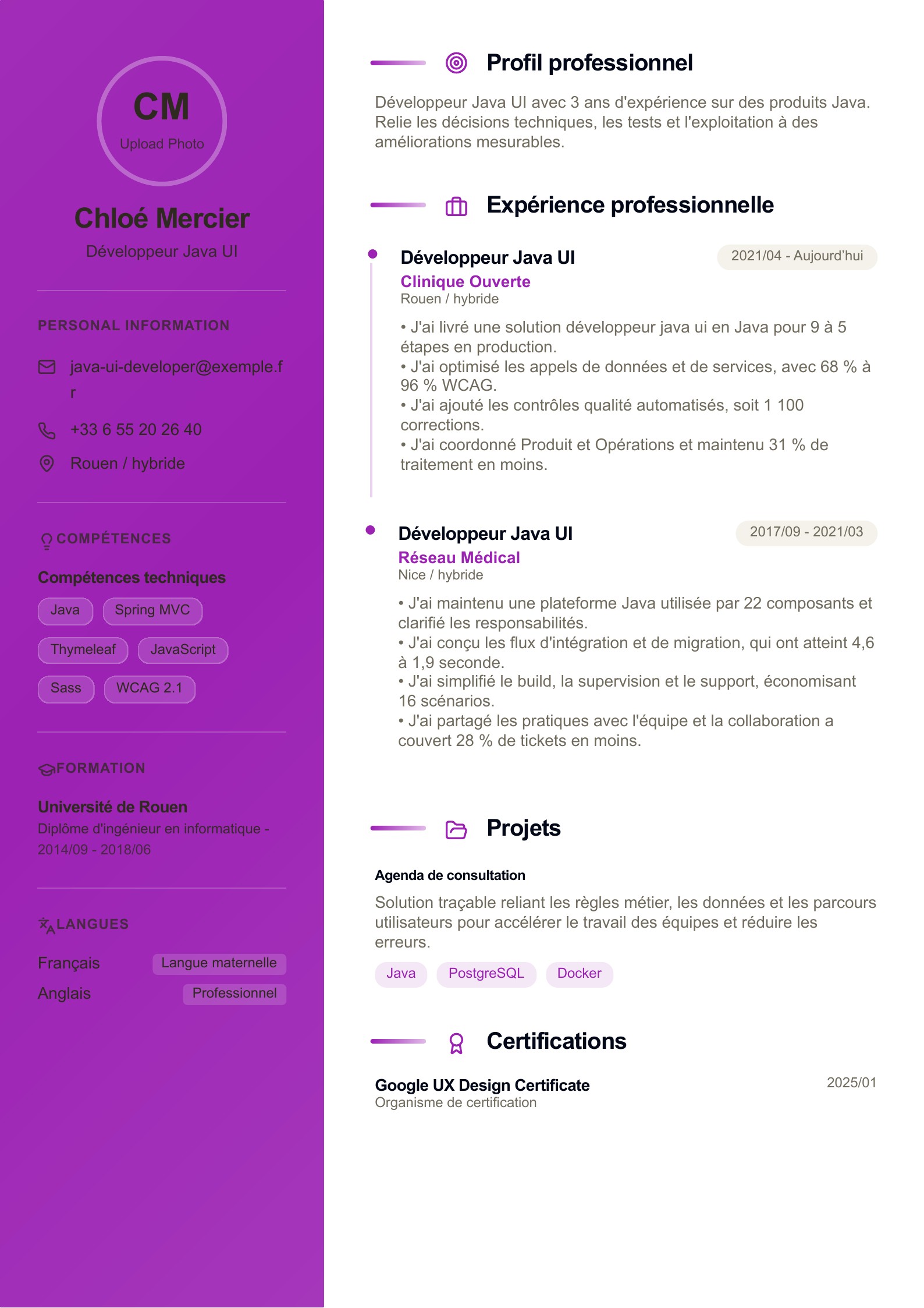 CV de Développeur Java UI - exemple français