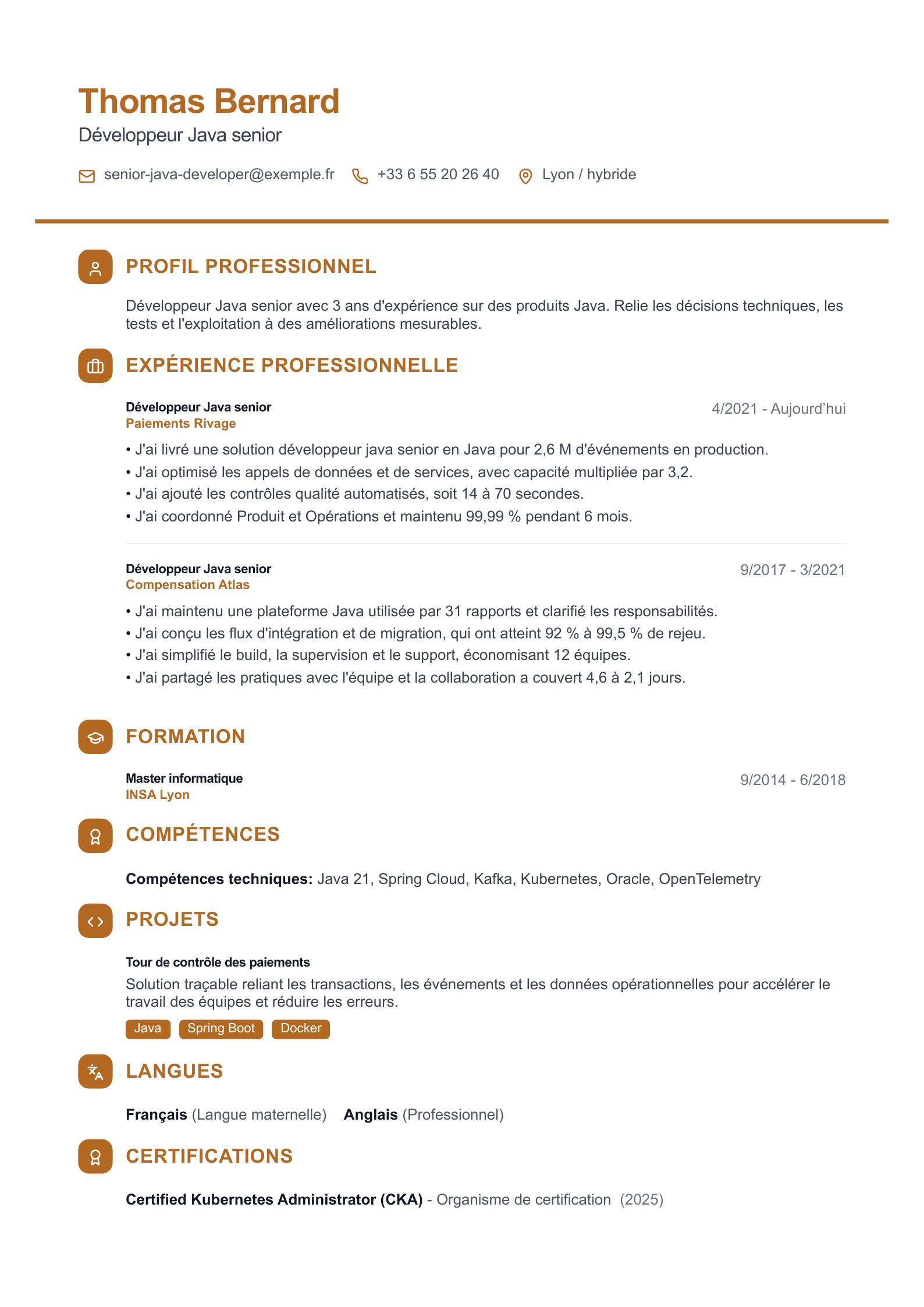 CV de Développeur Java senior - exemple français