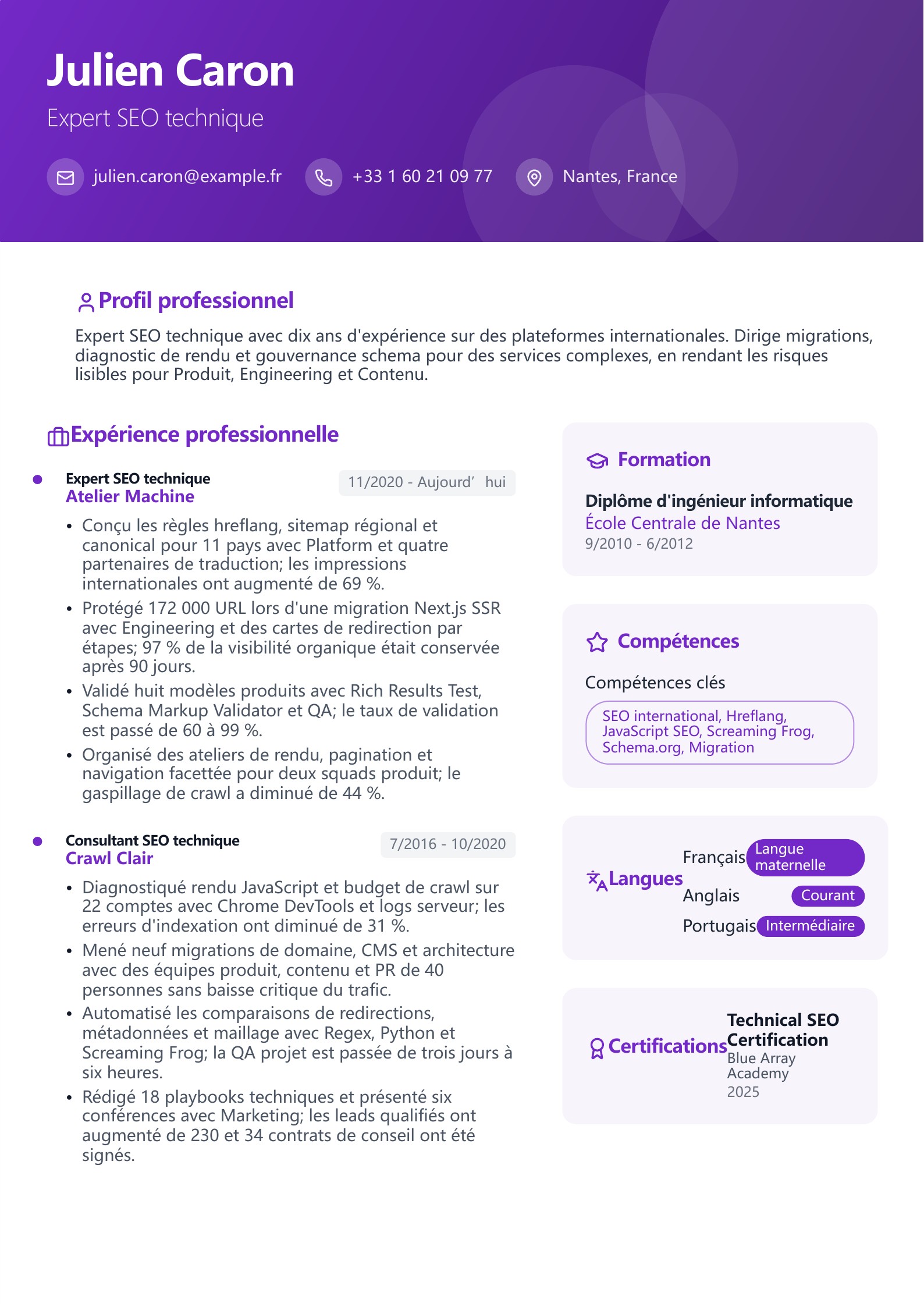 CV d'expert SEO - exemple français