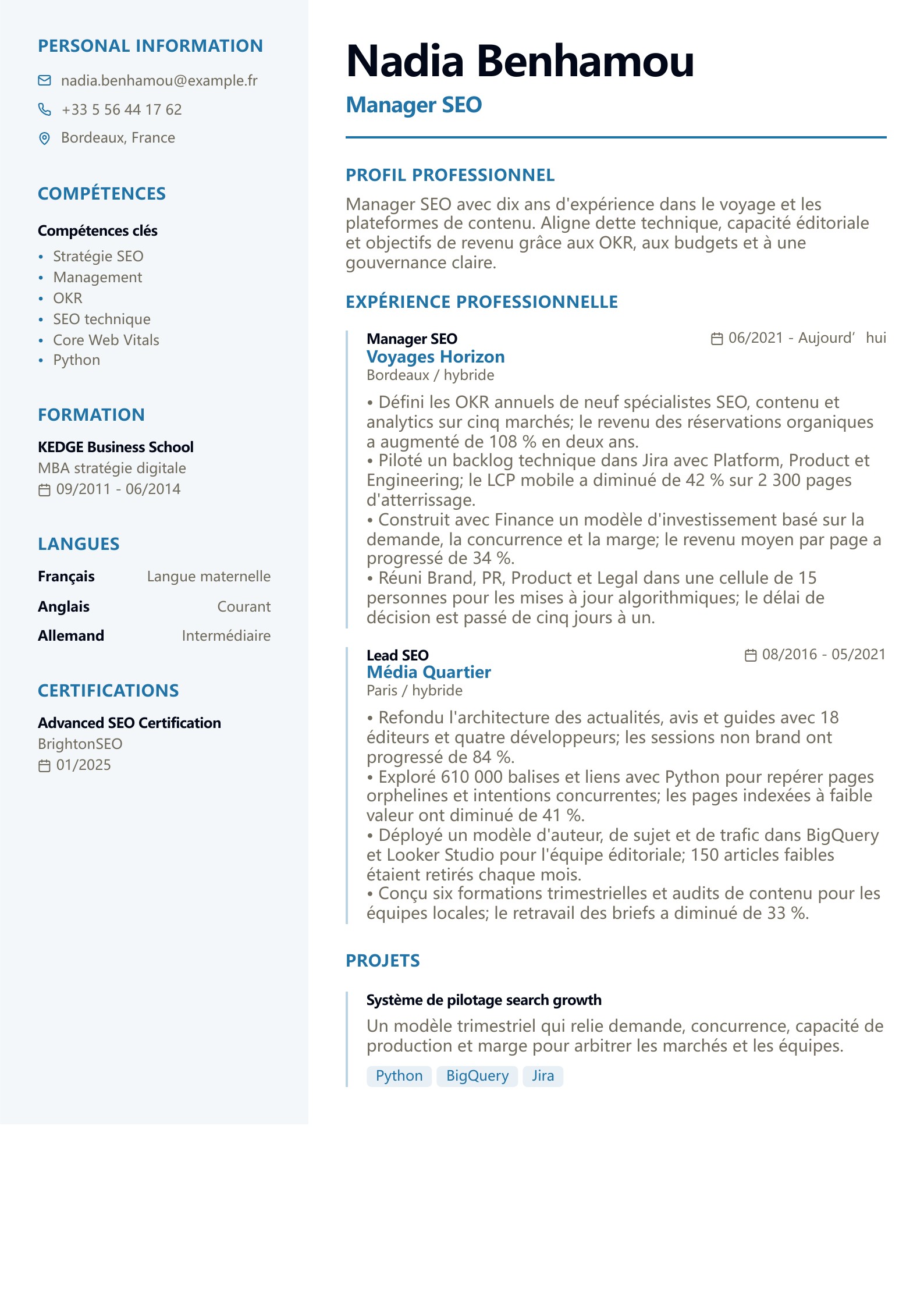 CV de manager SEO - exemple français