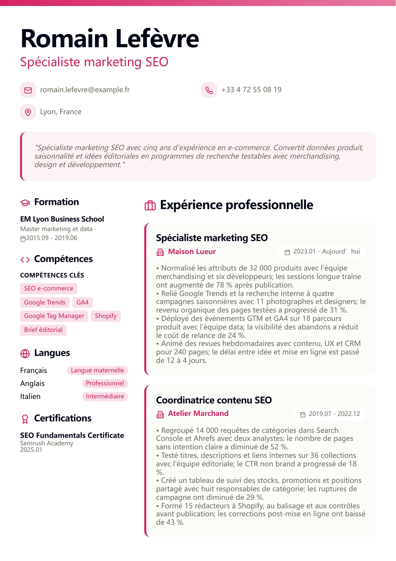 CV de spécialiste marketing SEO - exemple français