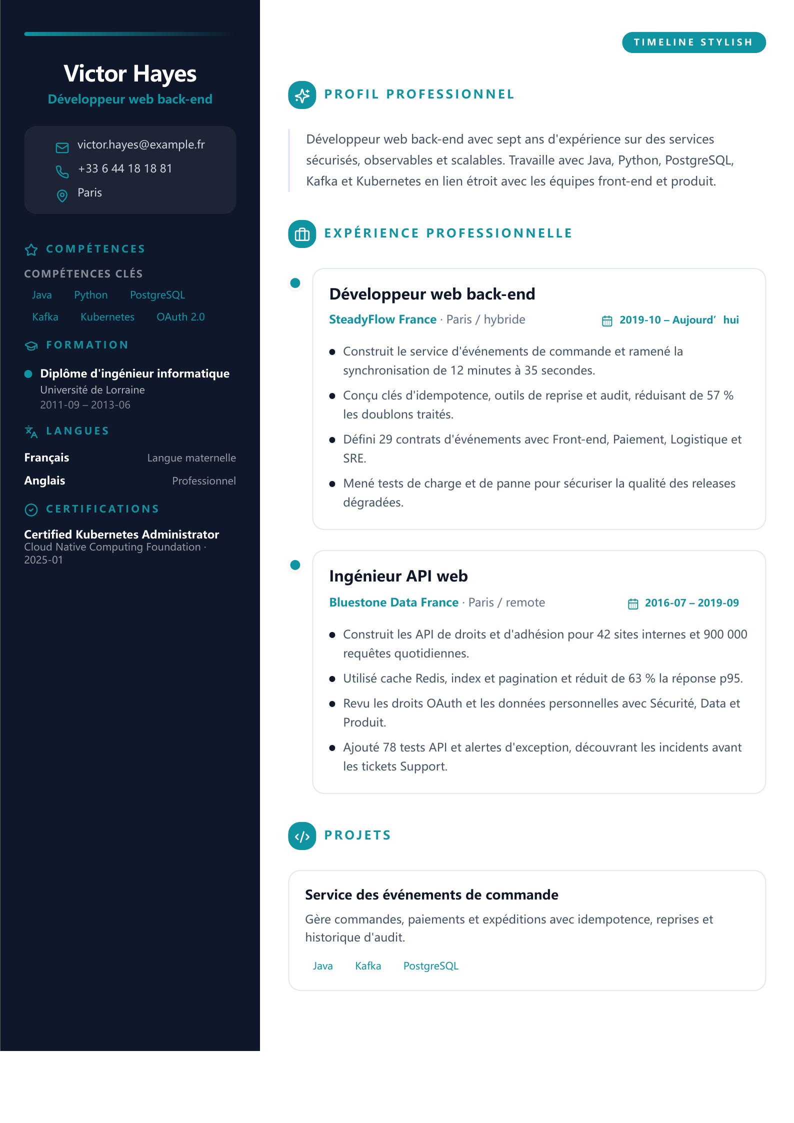 CV de développeur web back-end - exemple français