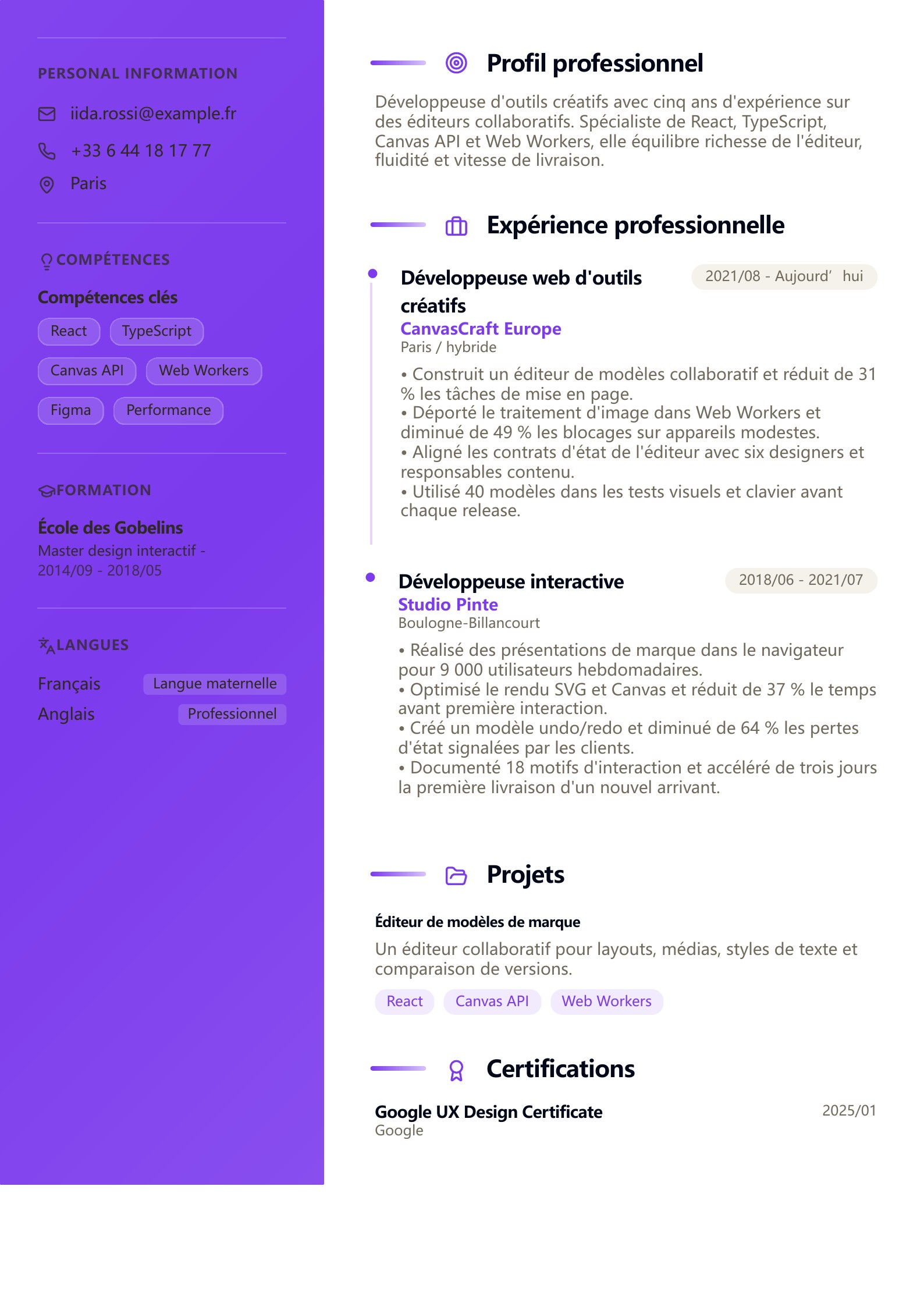 CV de développeur web Canva - exemple français