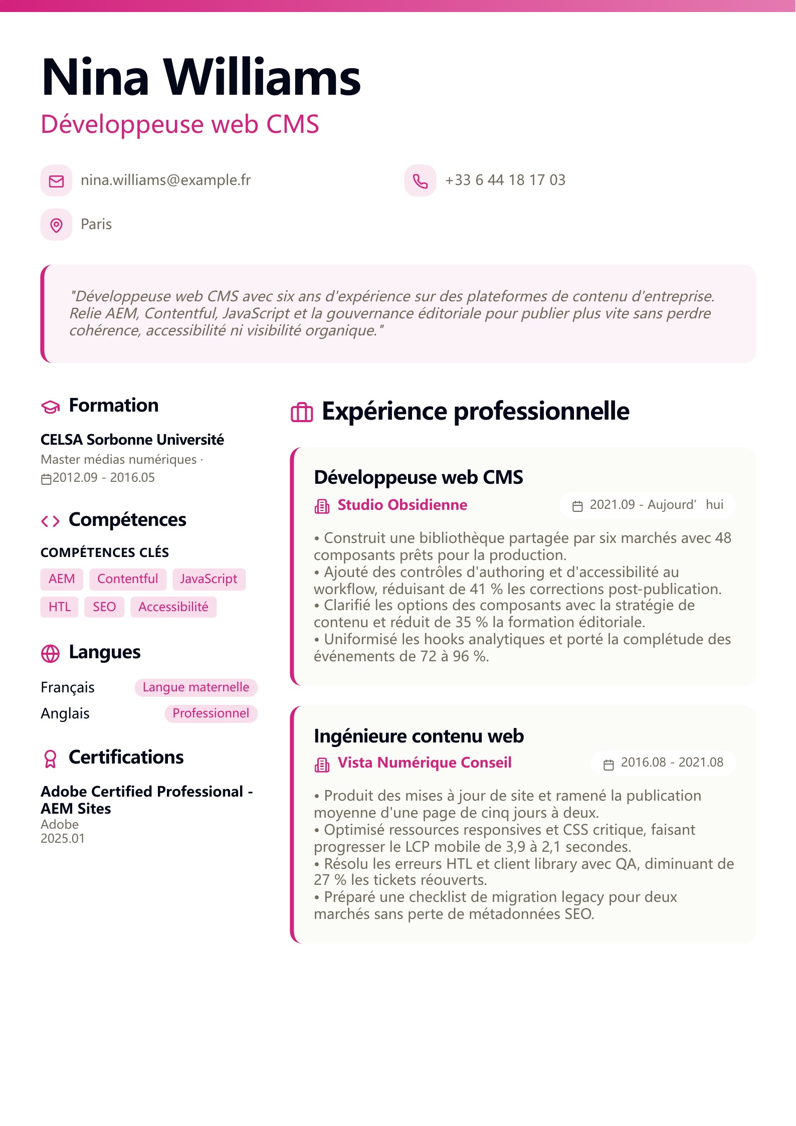 CV de développeur web CMS - exemple français