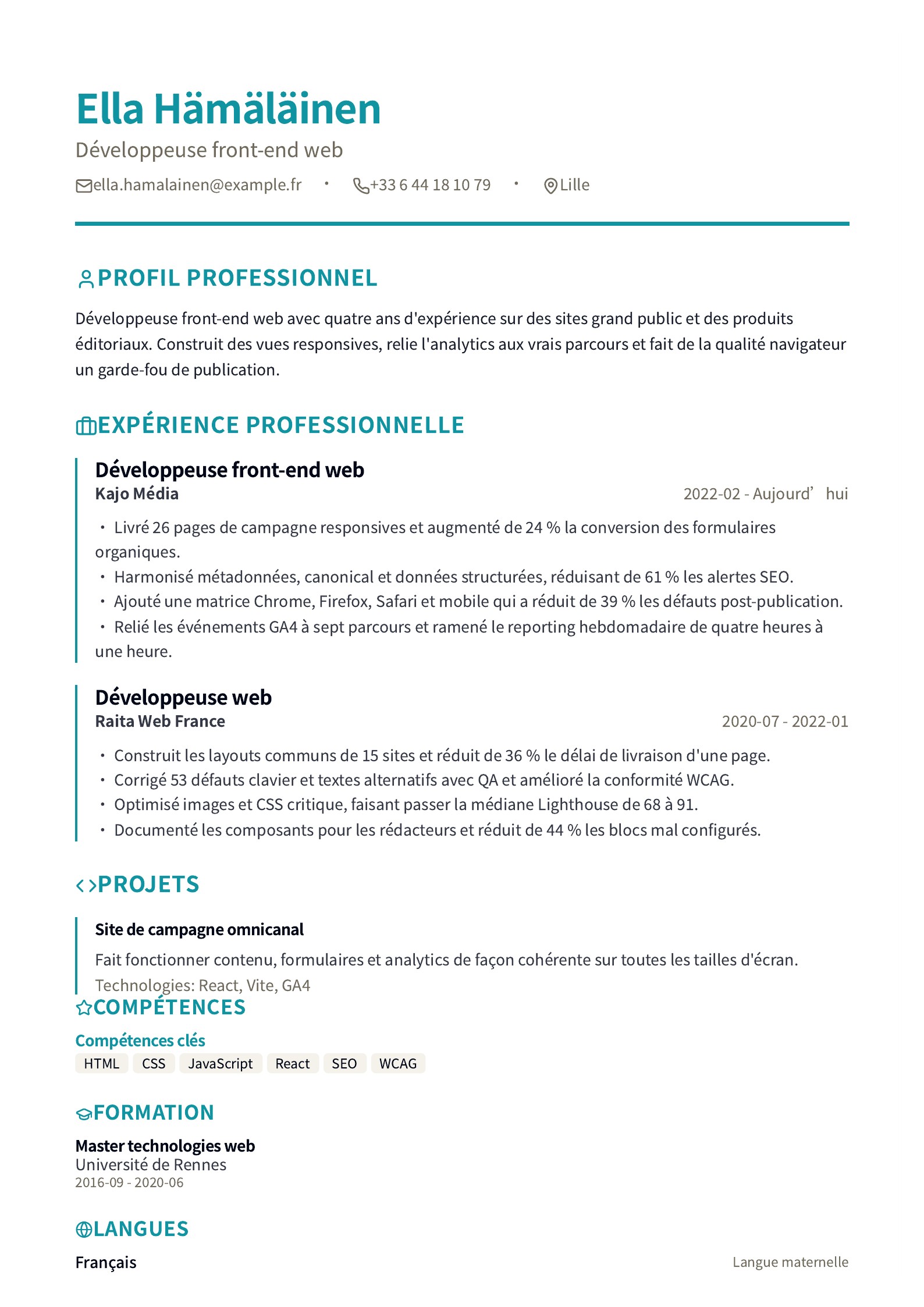 CV de développeur front-end web - exemple français