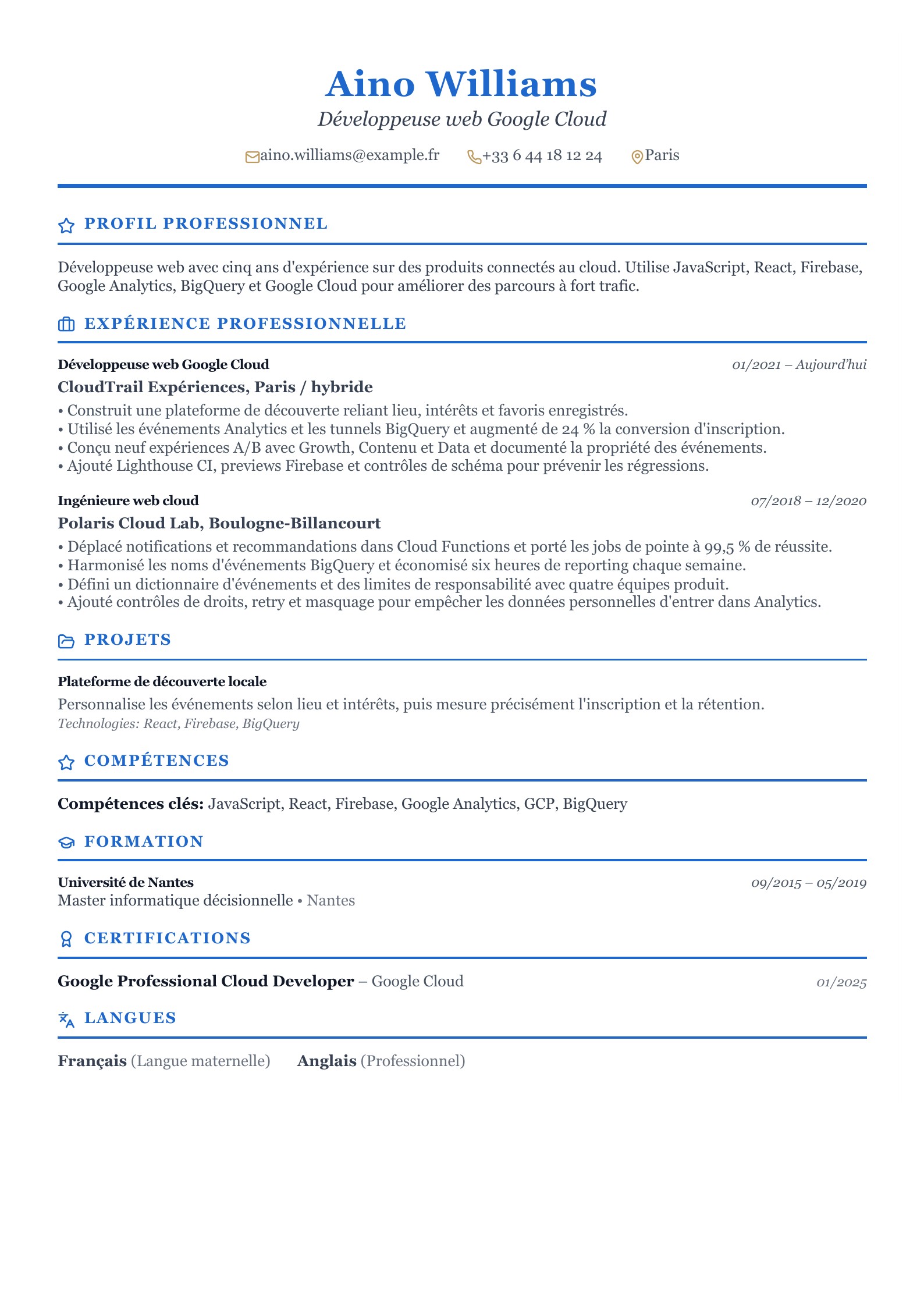 CV de développeur web Google - exemple français