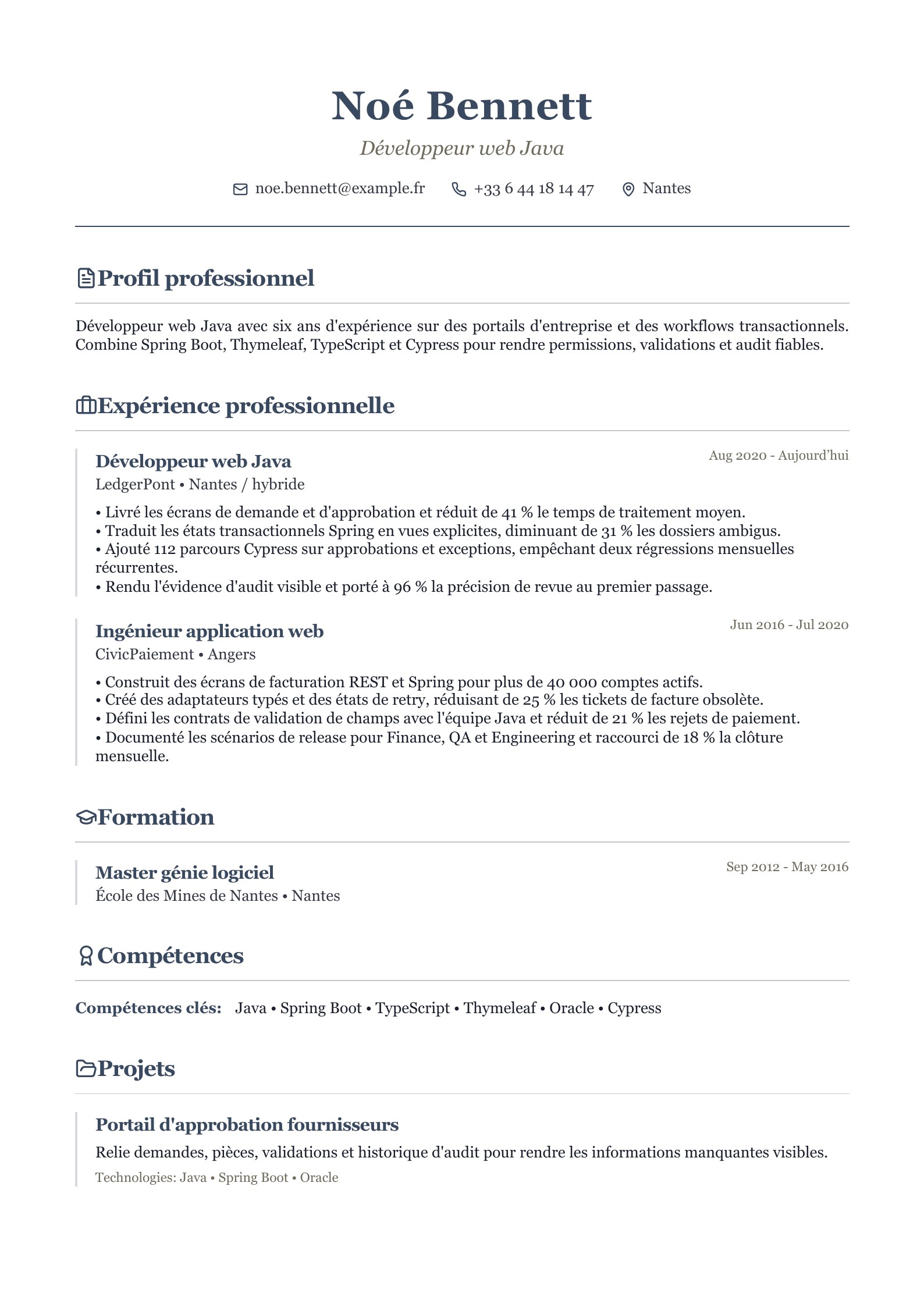 CV de développeur web Java - exemple français