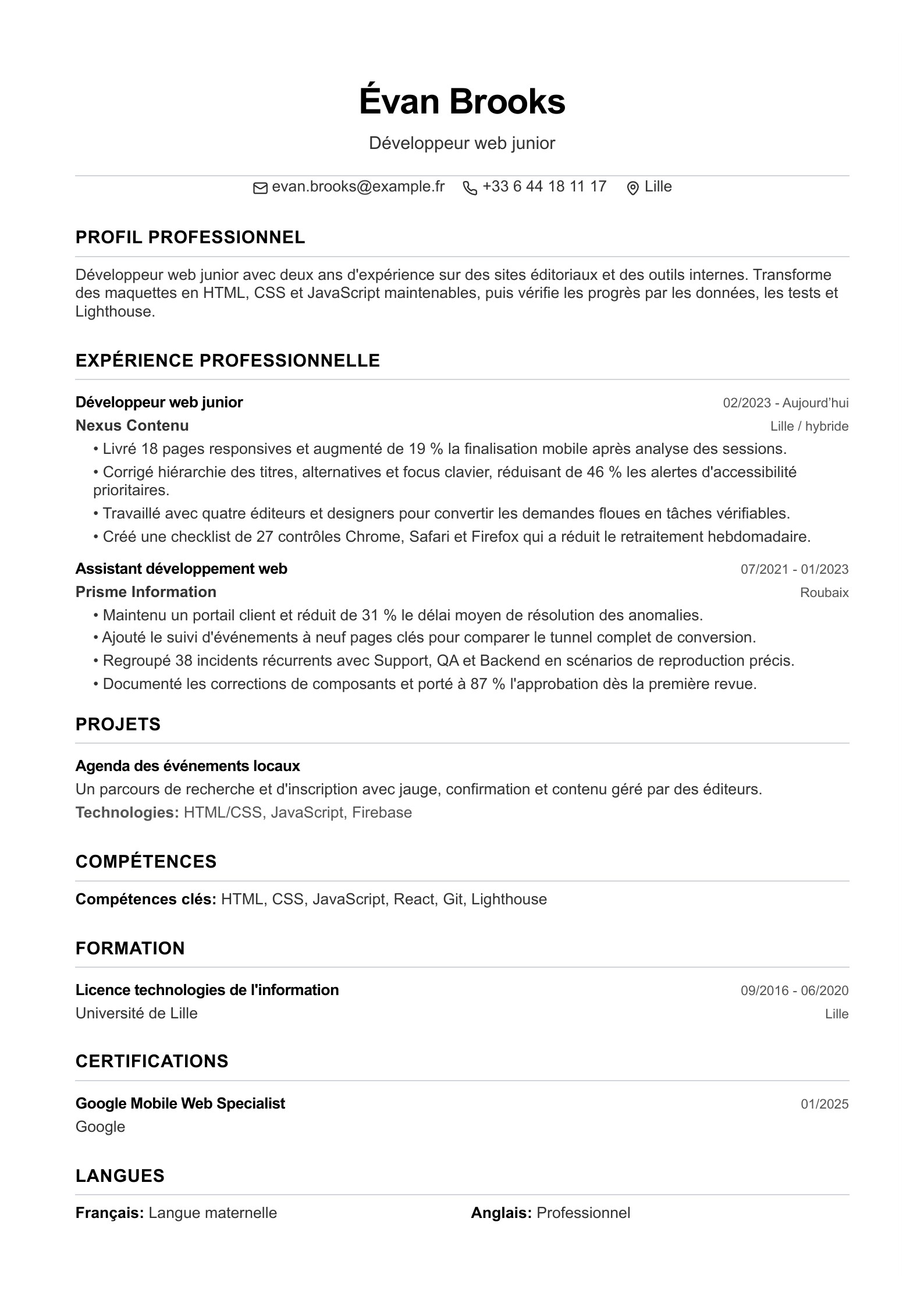 CV de développeur web junior - exemple français