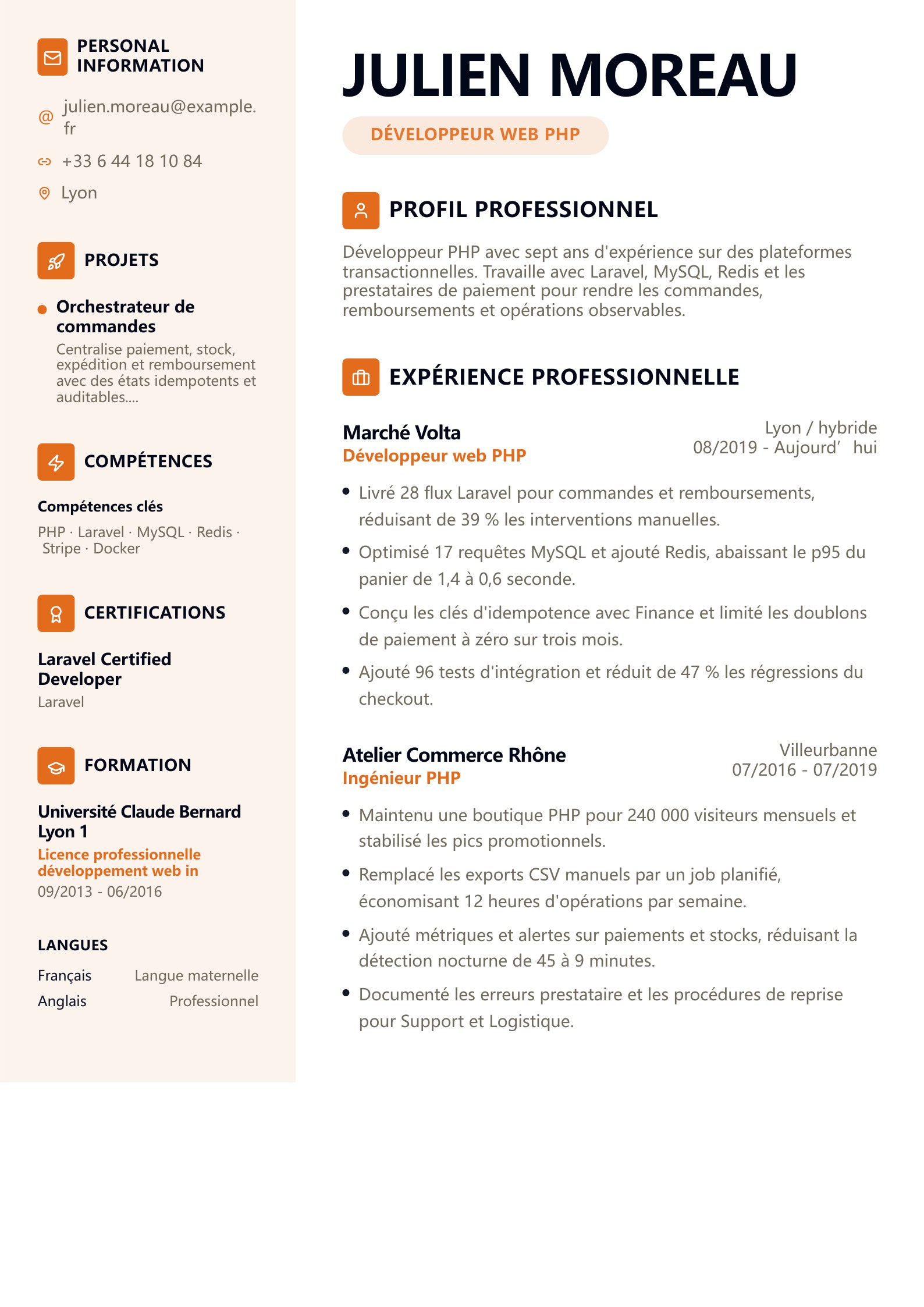 CV de développeur web PHP - exemple français