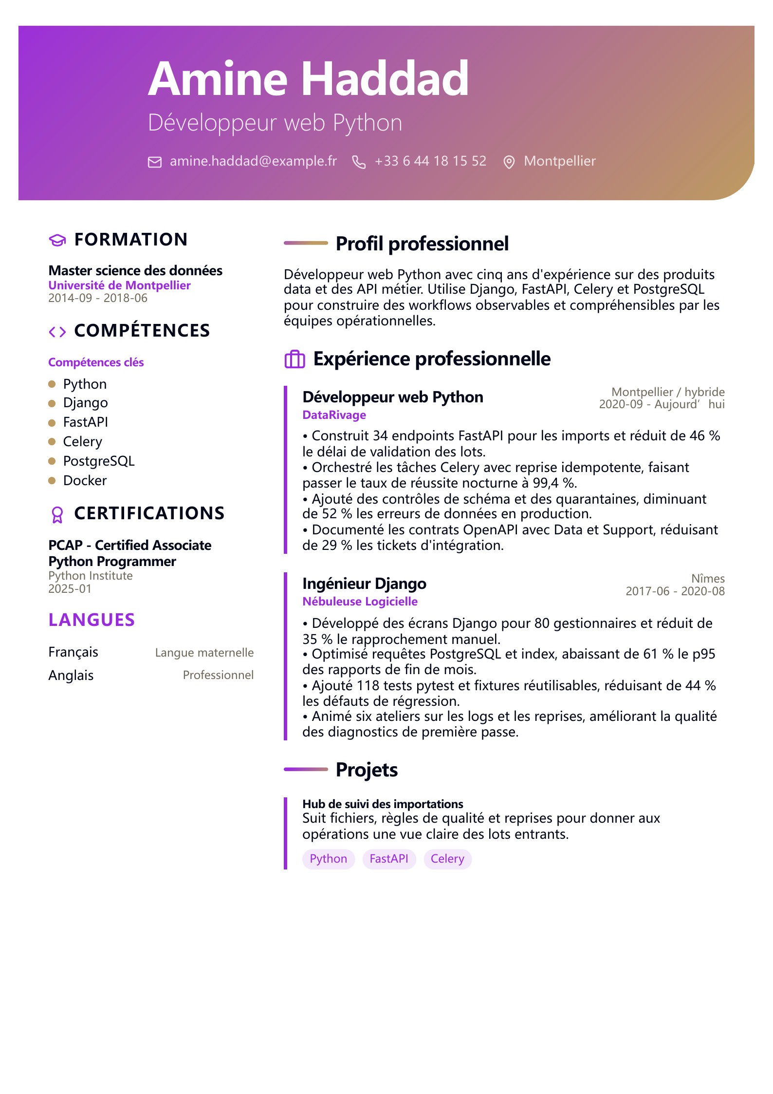 CV de développeur web Python - exemple français
