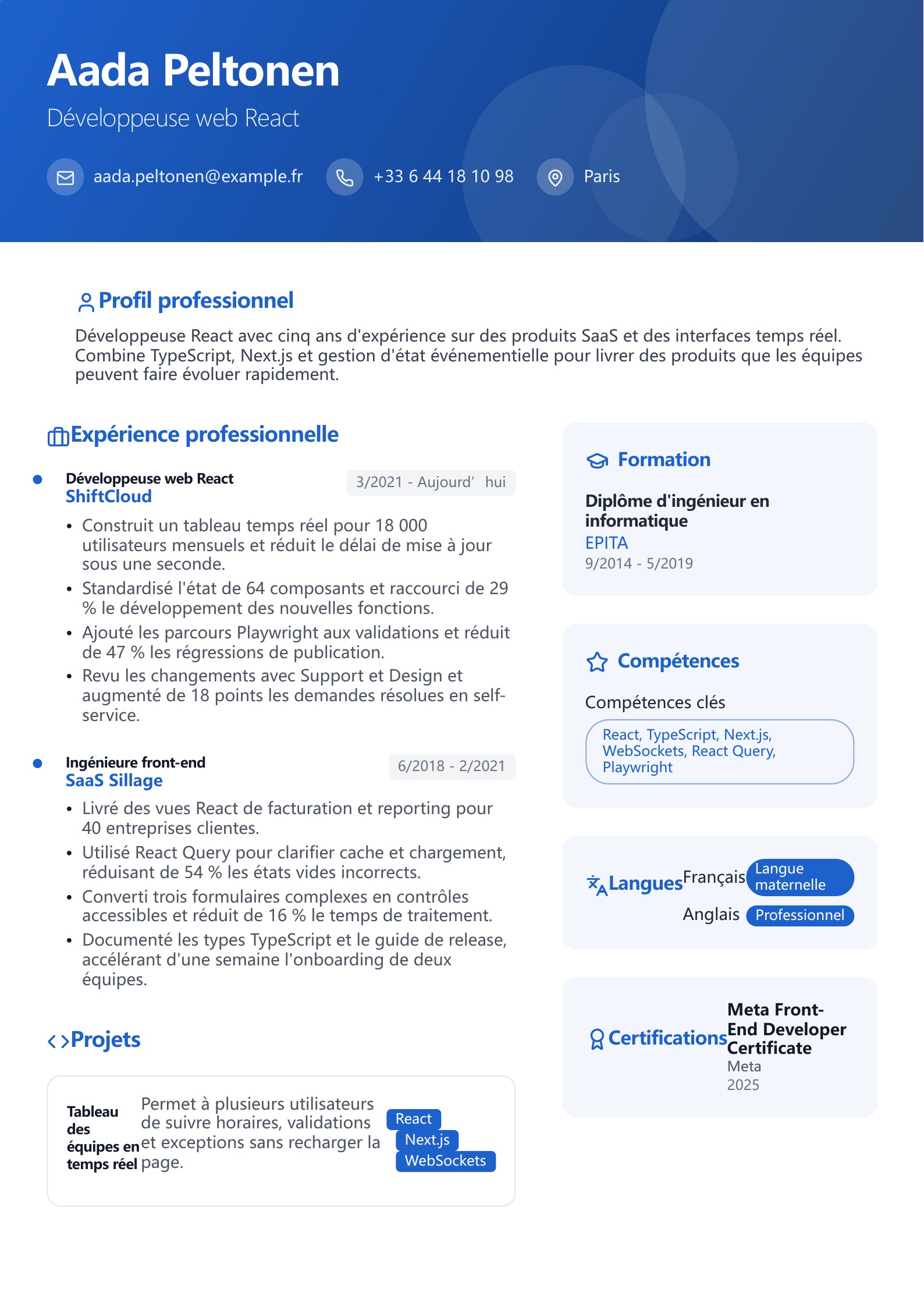 CV de développeur web React - exemple français