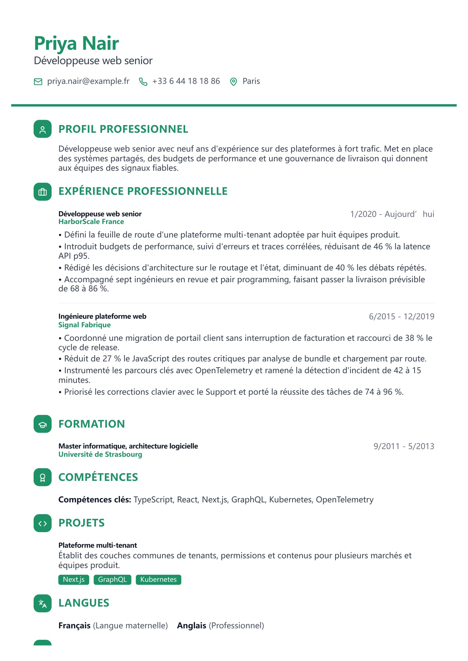 CV de développeur web senior - exemple français