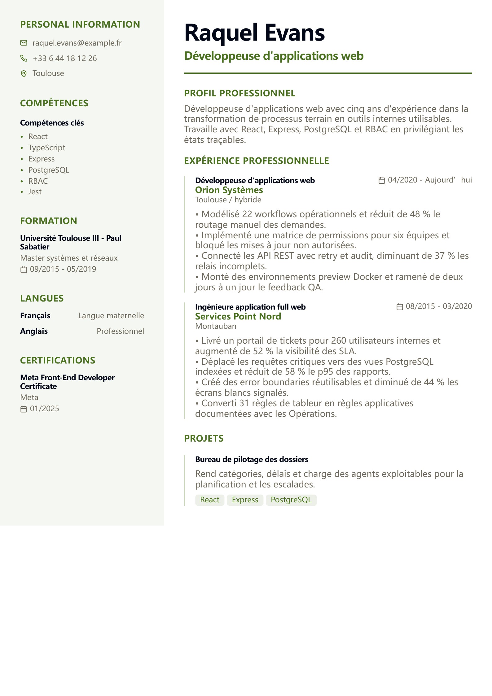CV de développeur d'applications web - exemple français