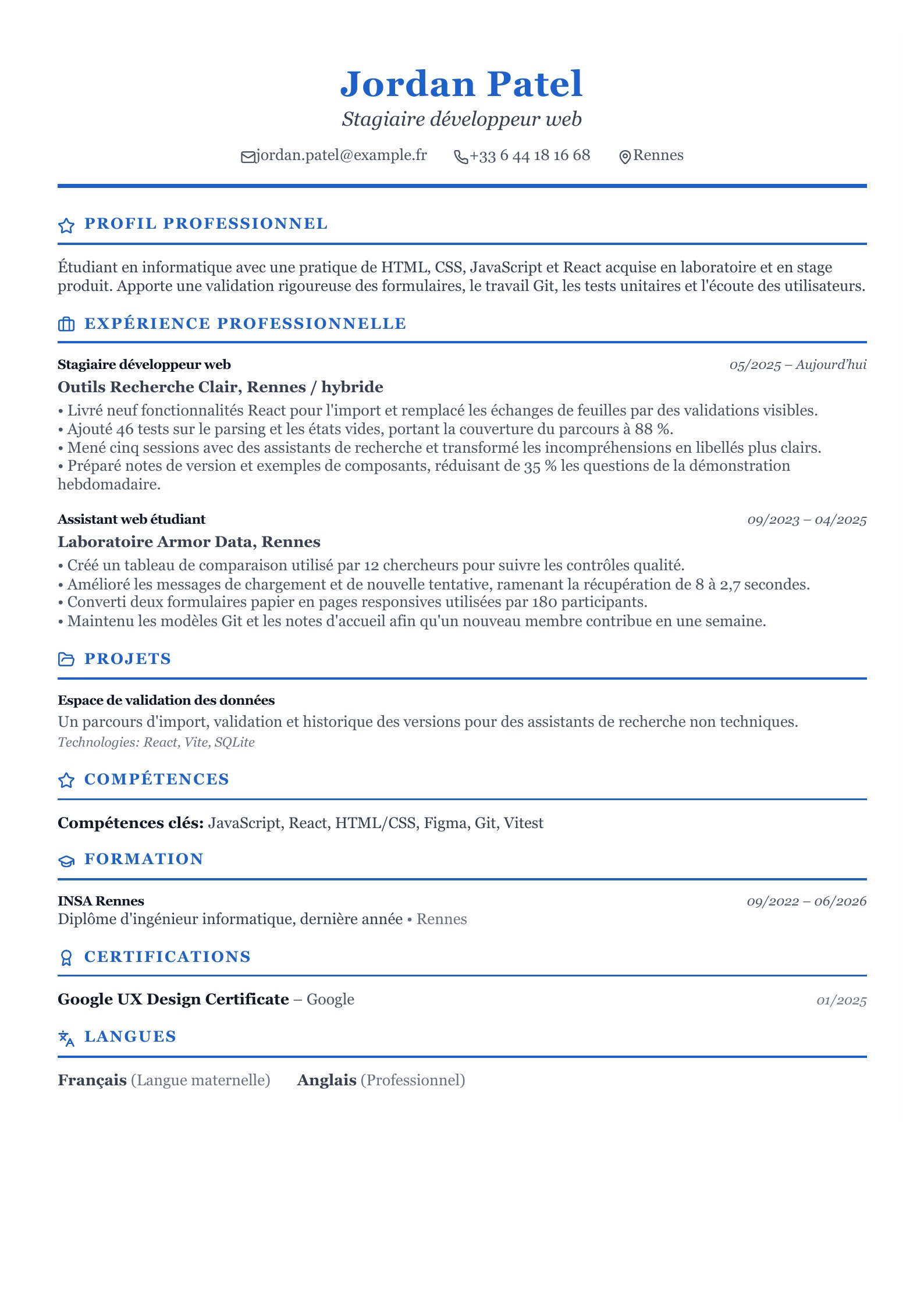 CV de stagiaire développeur web - exemple français