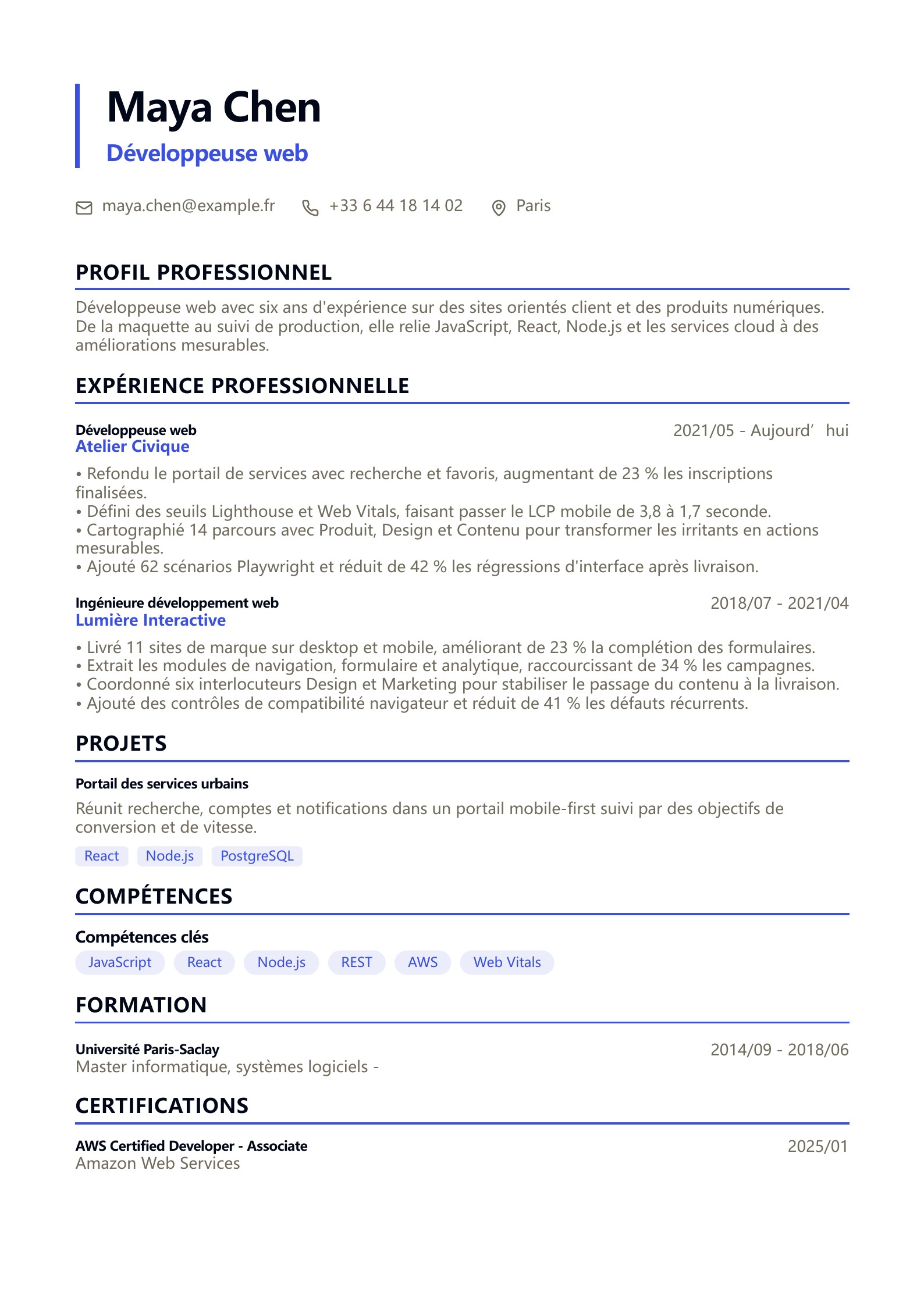 CV de développeur web - exemple français