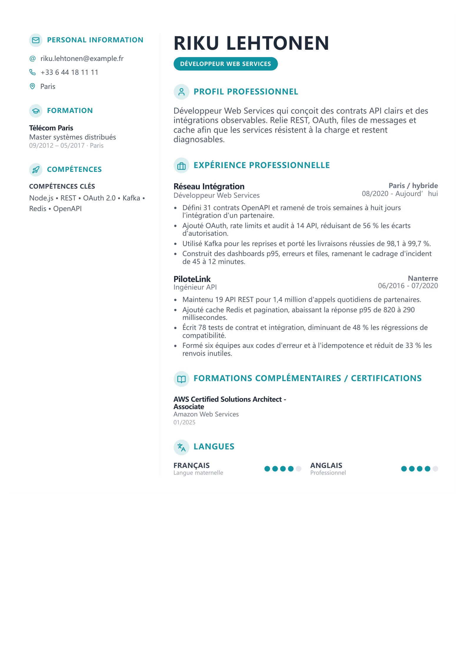 CV de développeur Web Services - exemple français