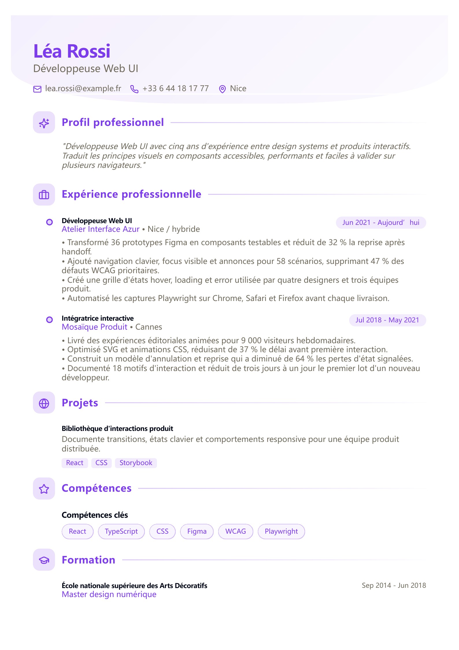 CV de développeur Web UI - exemple français
