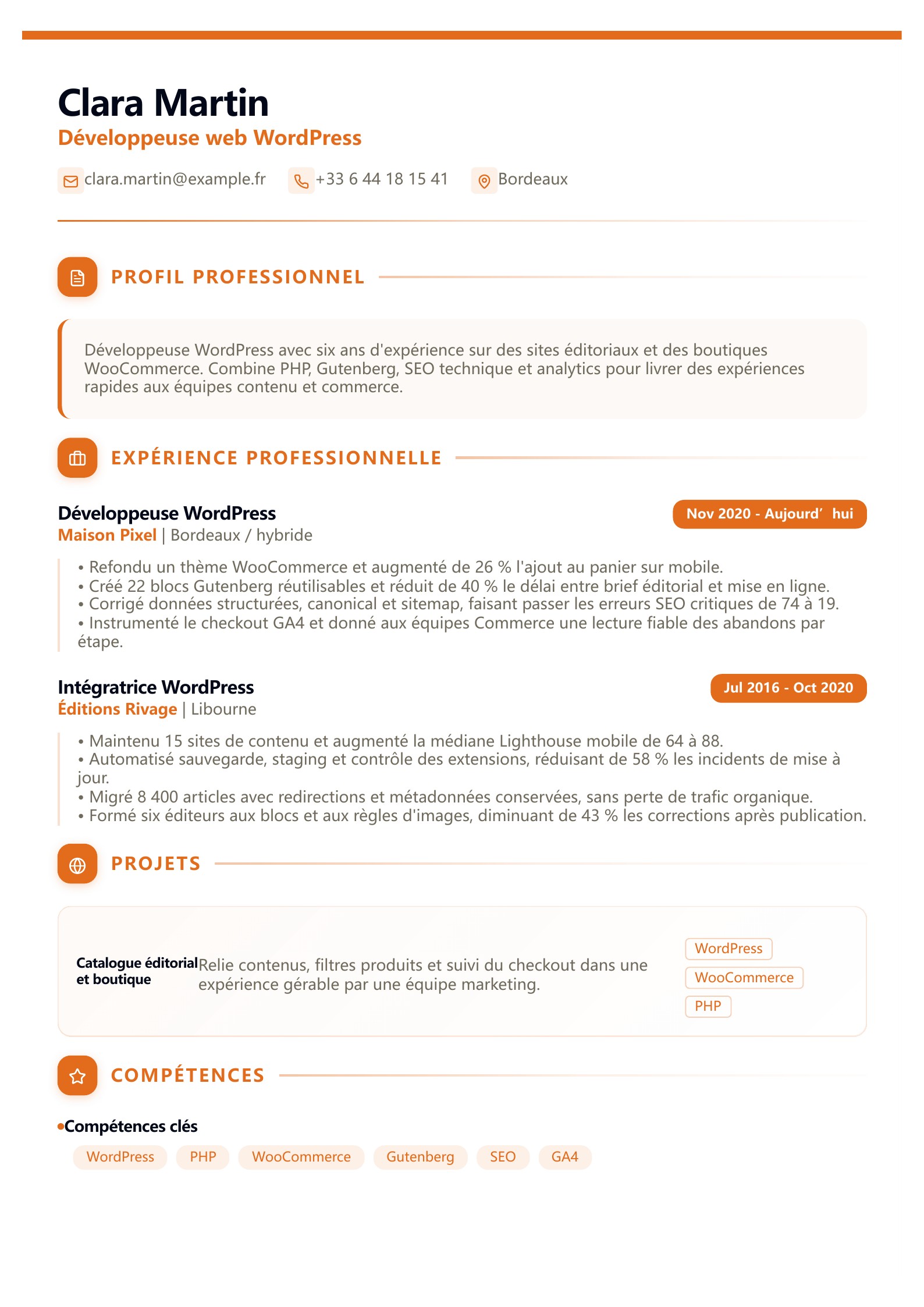 CV de développeur web WordPress - exemple français
