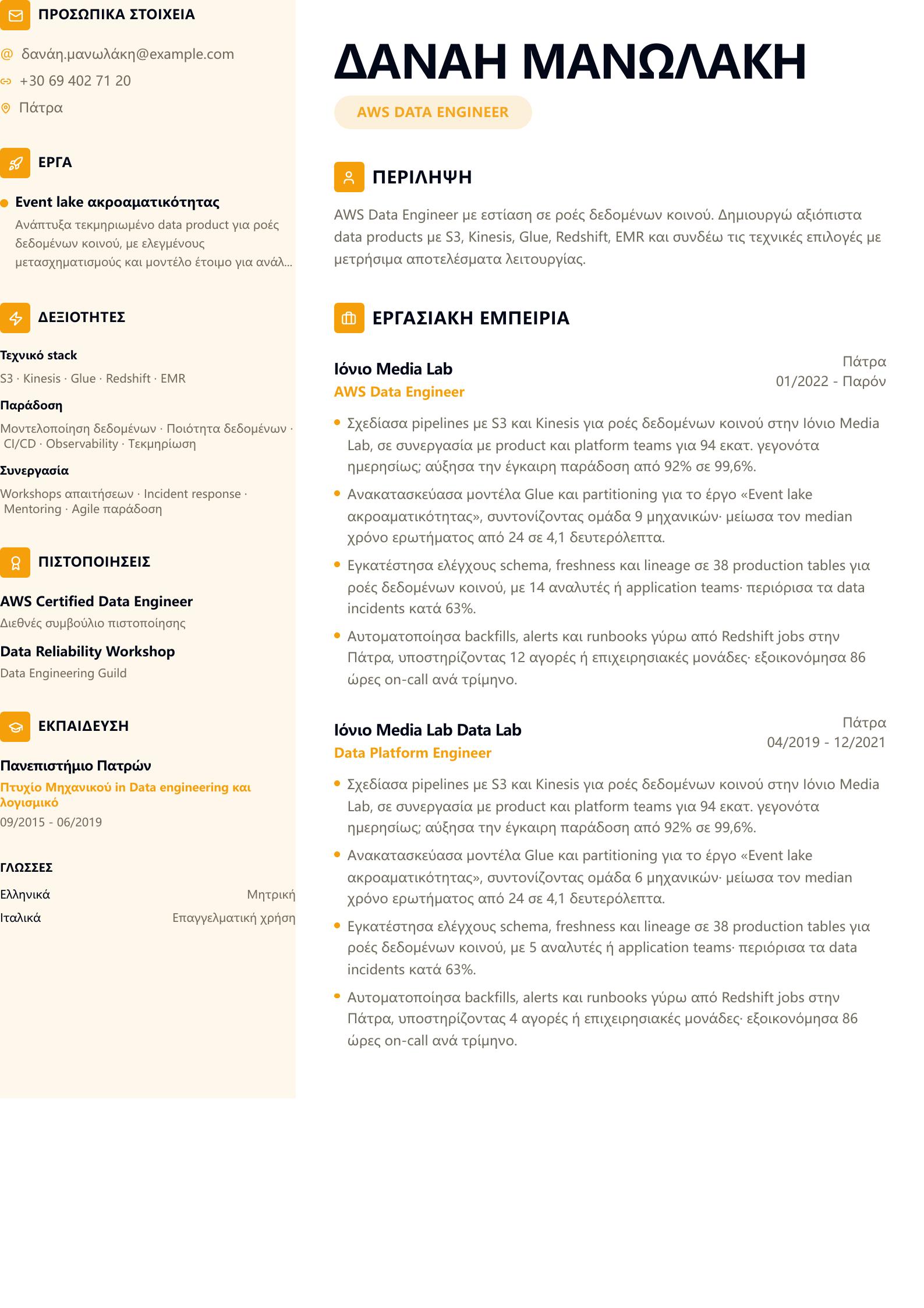Βιογραφικό AWS Data Engineer προεπισκόπηση