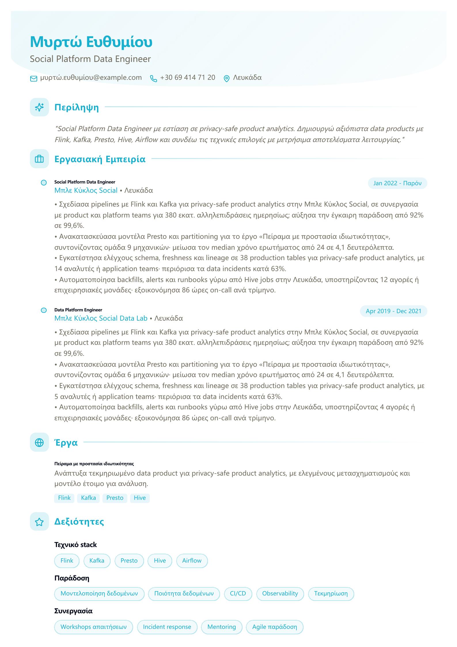 Βιογραφικό Data Engineer κοινωνικών πλατφορμών προεπισκόπηση