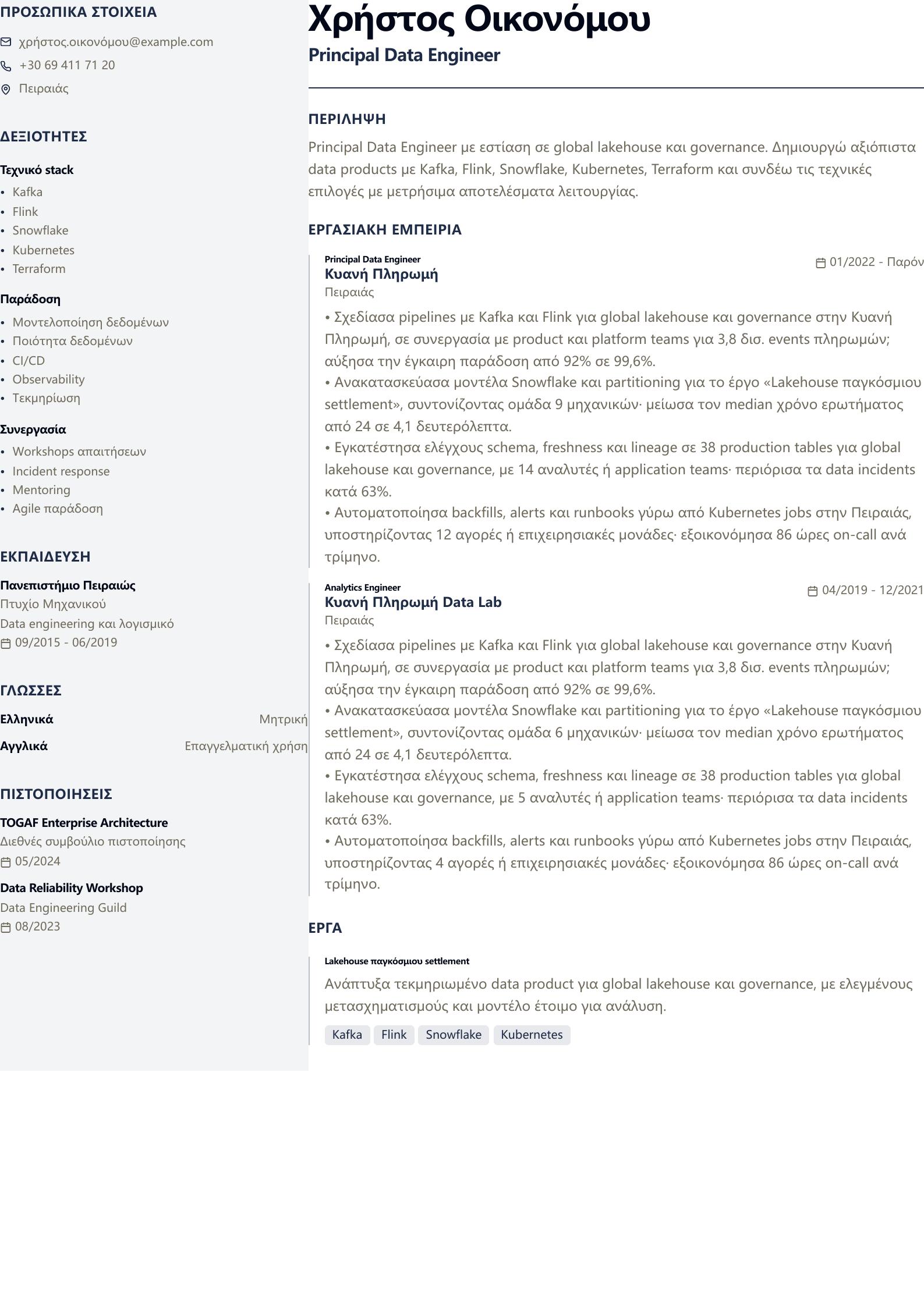 Βιογραφικό Principal Data Engineer προεπισκόπηση