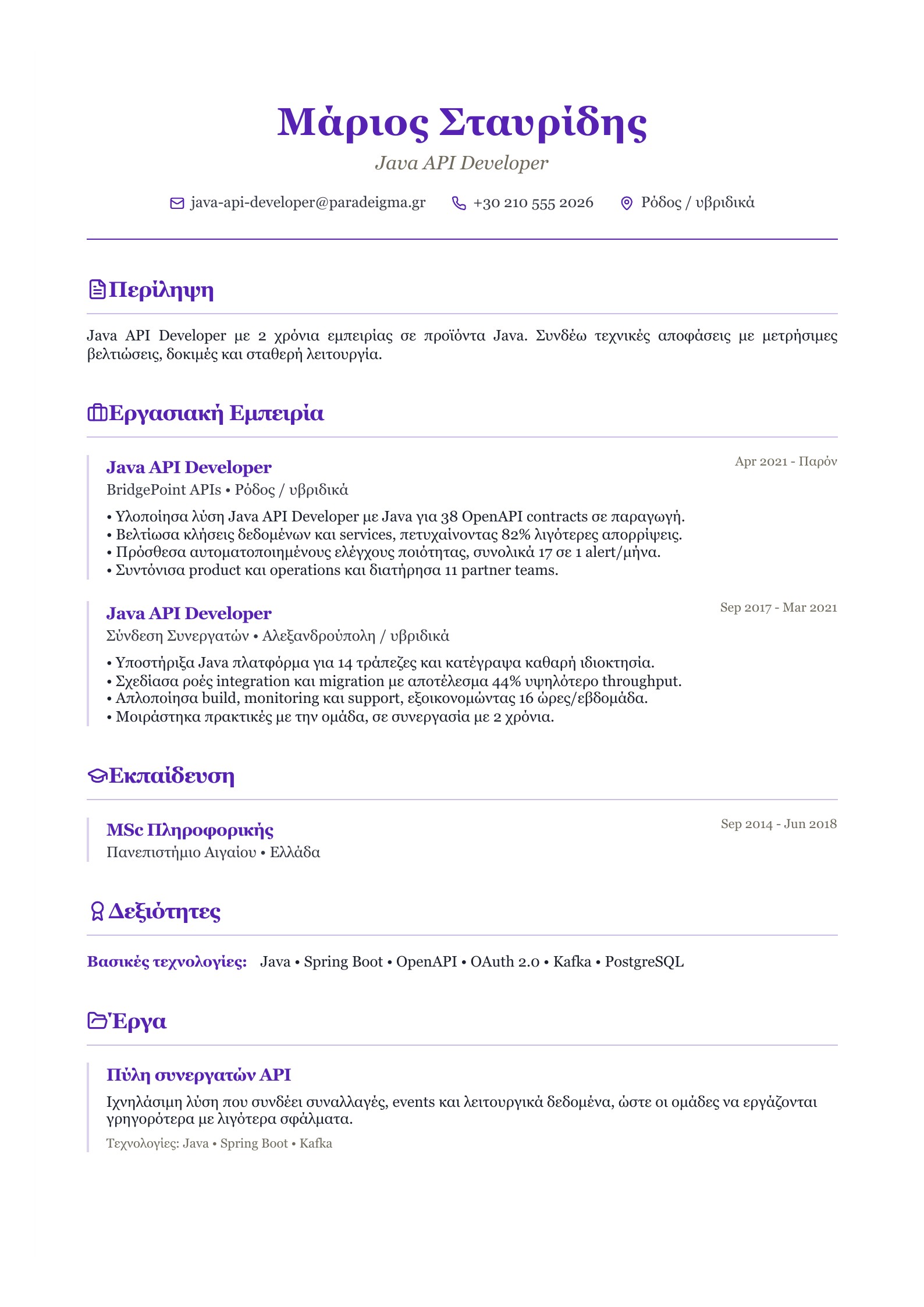 Βιογραφικό Java API Developer - ελληνικό παράδειγμα