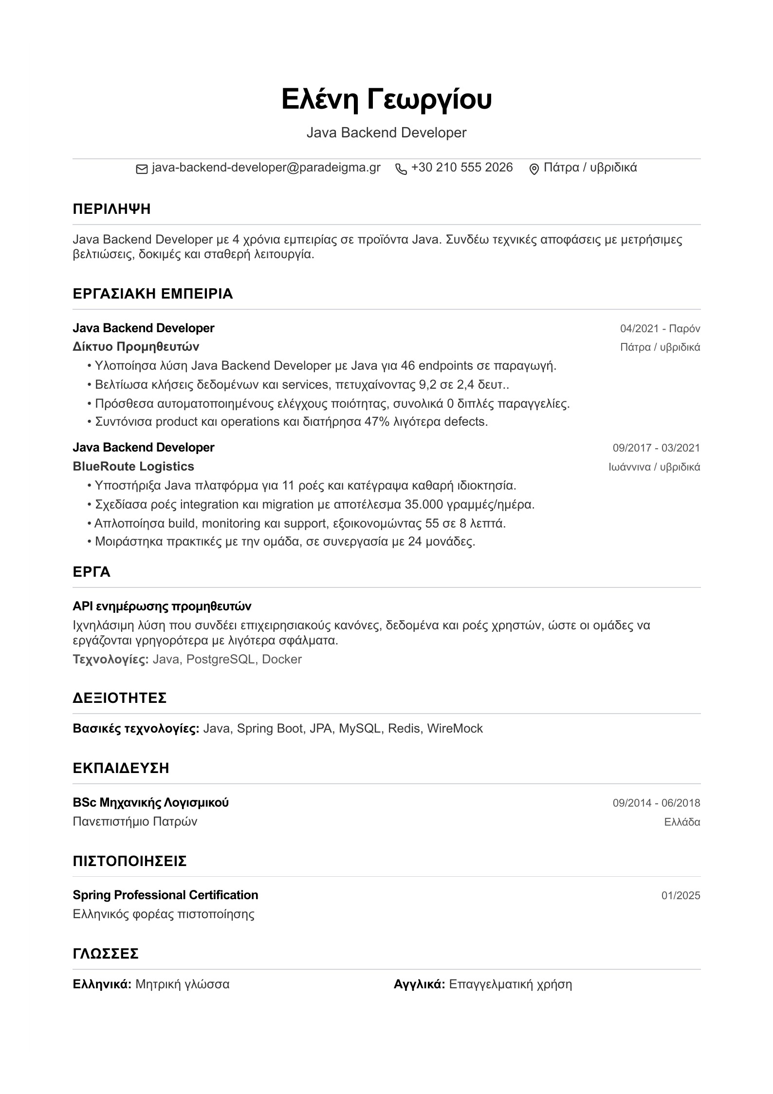 Βιογραφικό Java Backend Developer - ελληνικό παράδειγμα