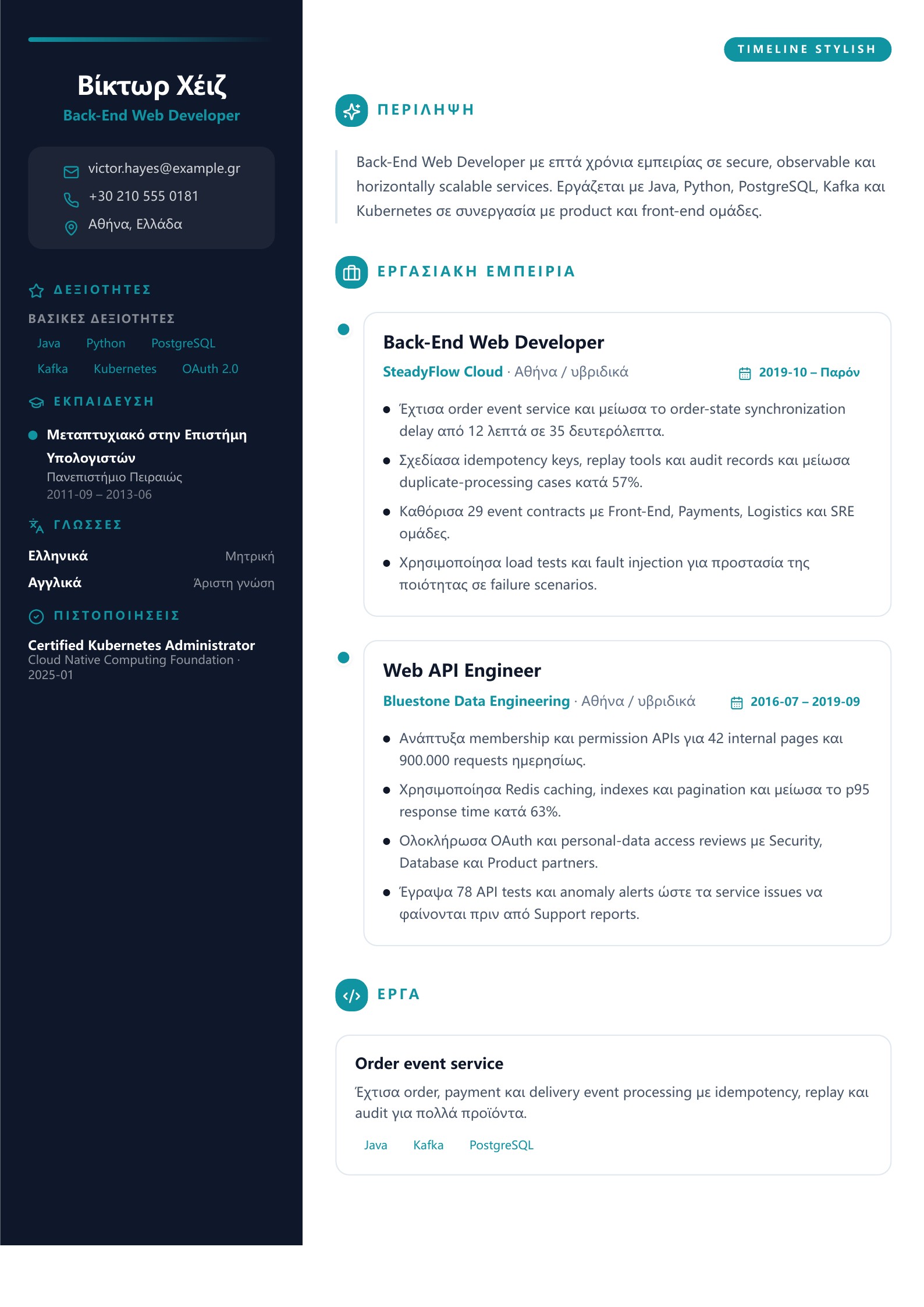 Βιογραφικό Back-End Web Developer - ελληνικό παράδειγμα