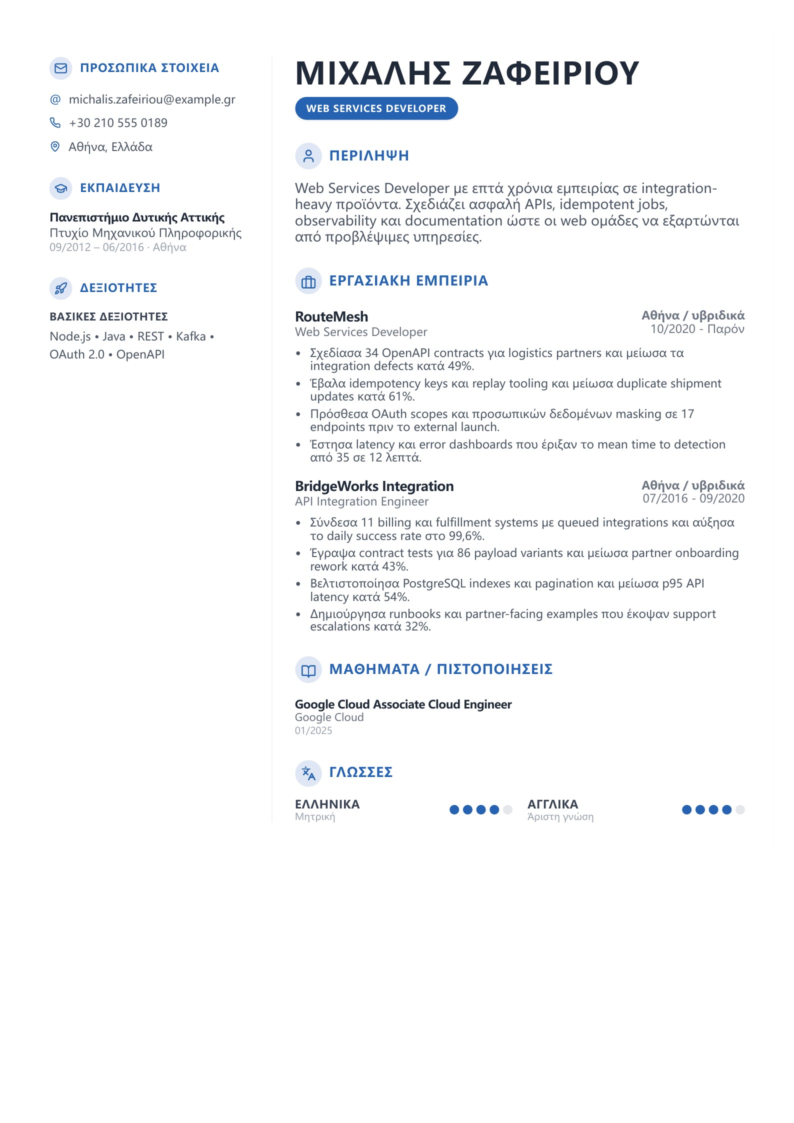 Βιογραφικό Web Services Developer - ελληνικό παράδειγμα