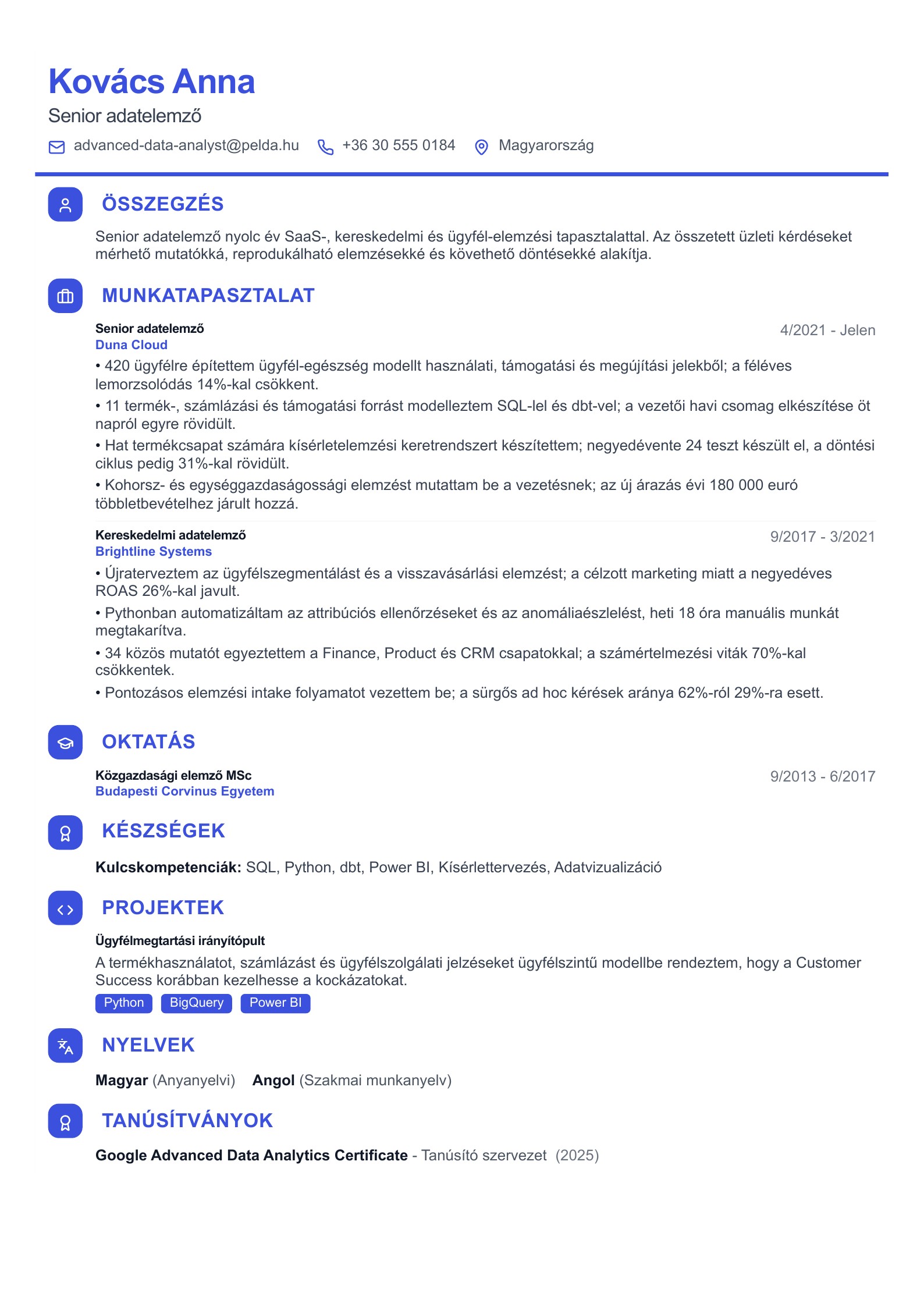 Előnézet: Magyar adatelemzői önéletrajz példák PDF-letöltéssel és útmutatóval