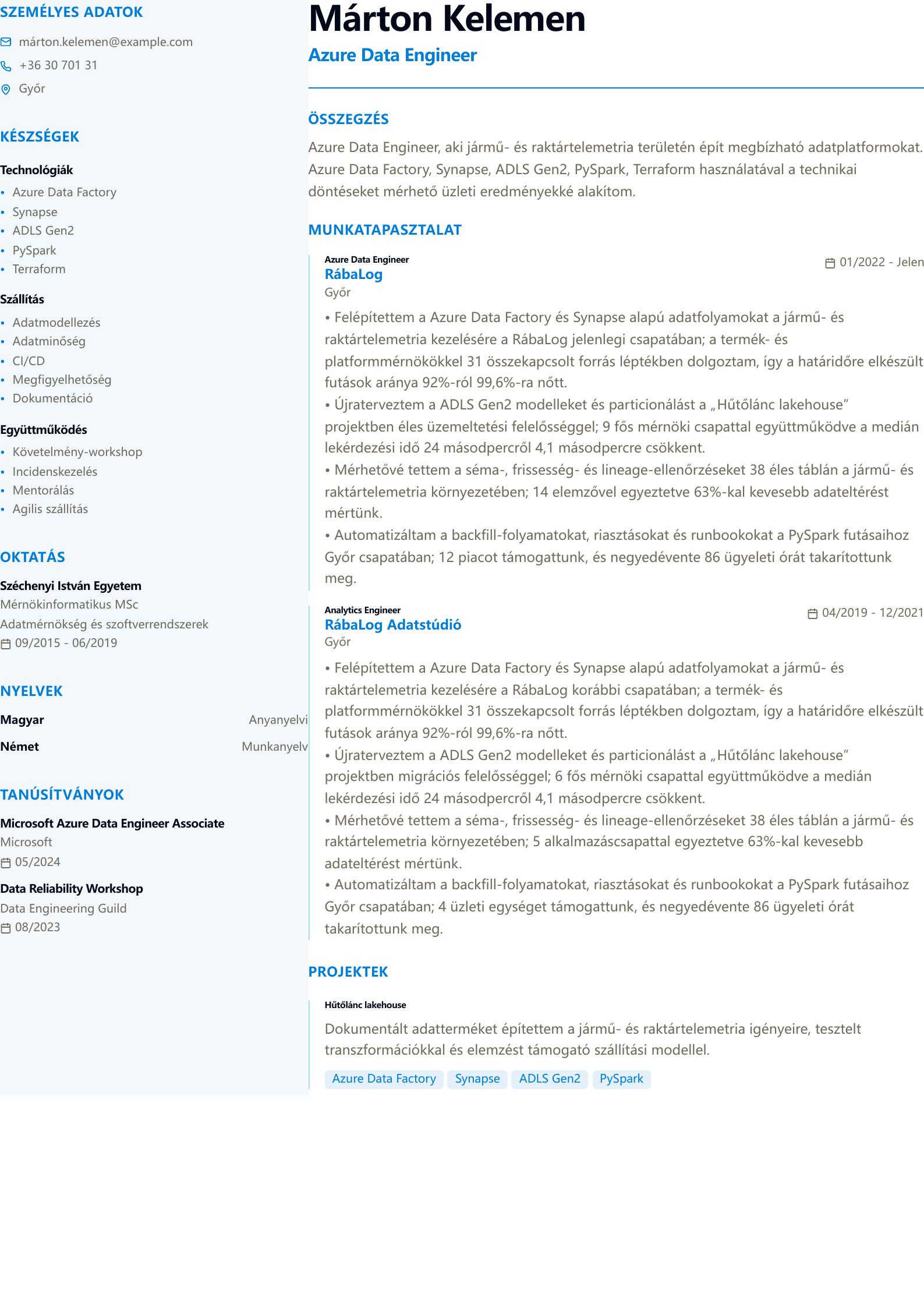 Azure Data Engineer önéletrajz minta előnézet