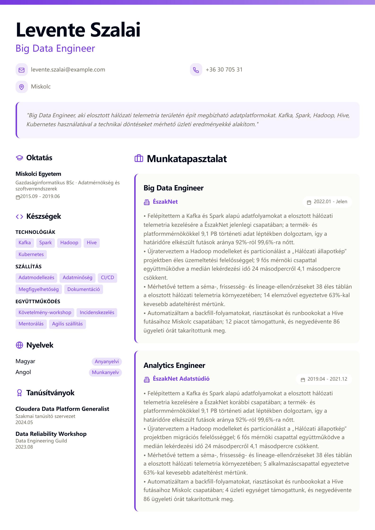 Big Data Engineer önéletrajz minta előnézet